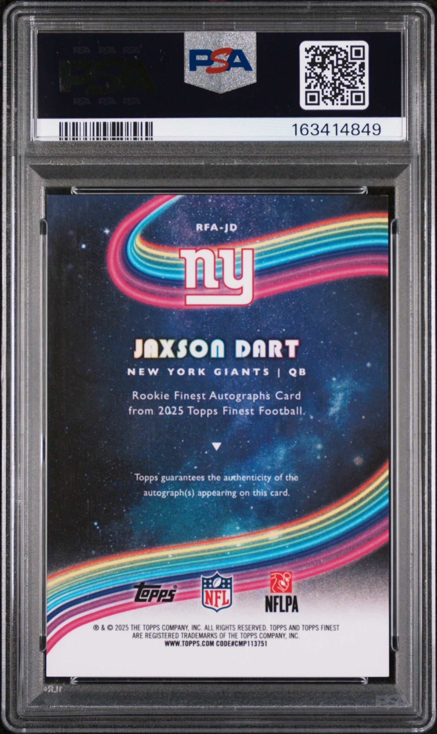 2025 Topps Finest Rookie Auto Jaxson Dart RK Blue Refractor 78/99 #RFA-JD PSA 9 - Graded Sports Cards