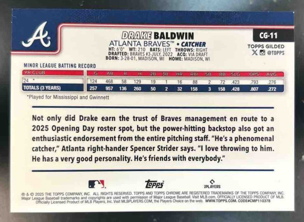 2025 Topps Gilded Collection Drake Baldwin RC Cast in Gold /199 Atlanta Braves - Sports Cards