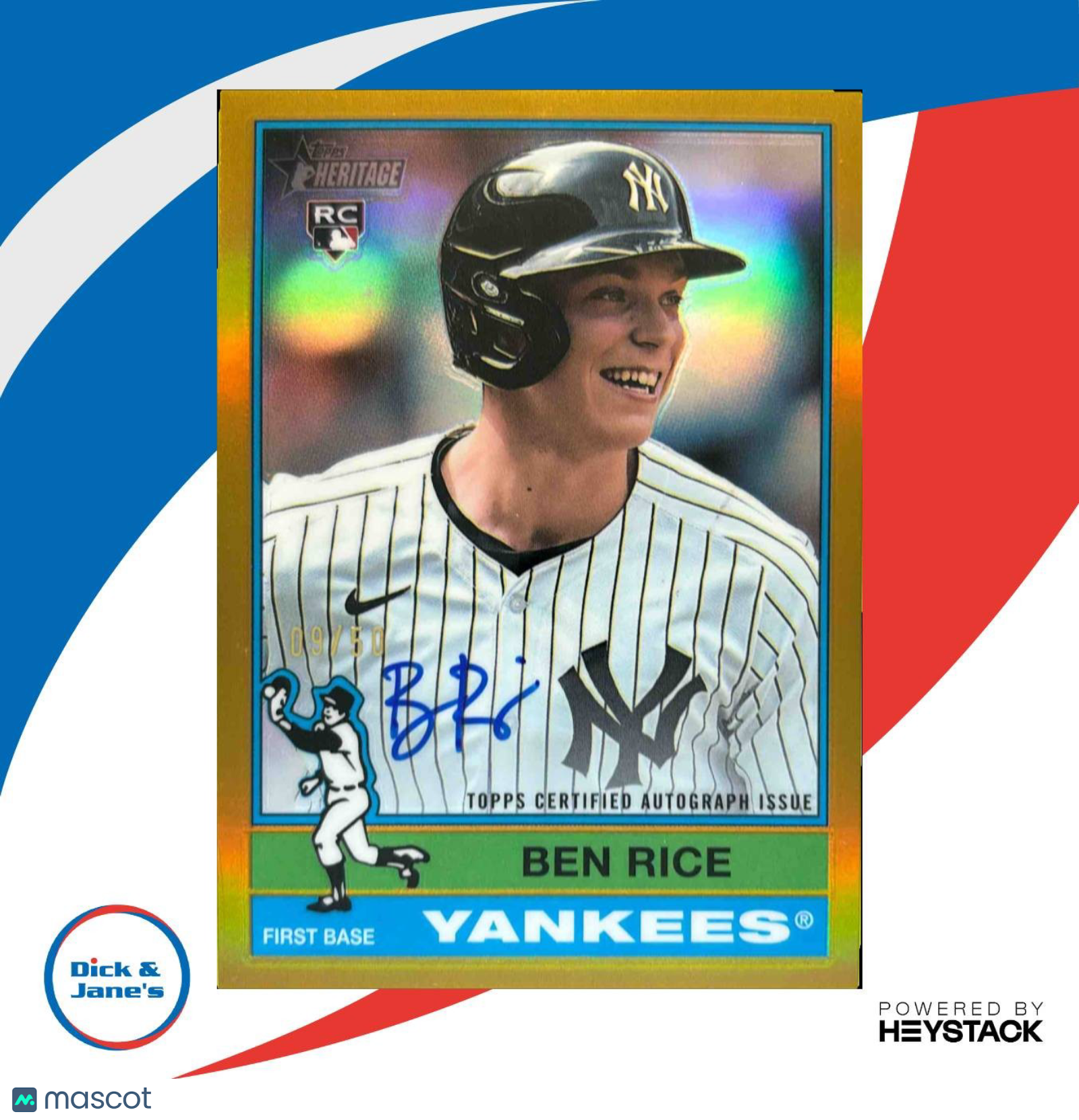 2025 Topps Heritage Ben Rice Chrome Auto Gold Refractor 9/50 New York Yankees Sports Cards