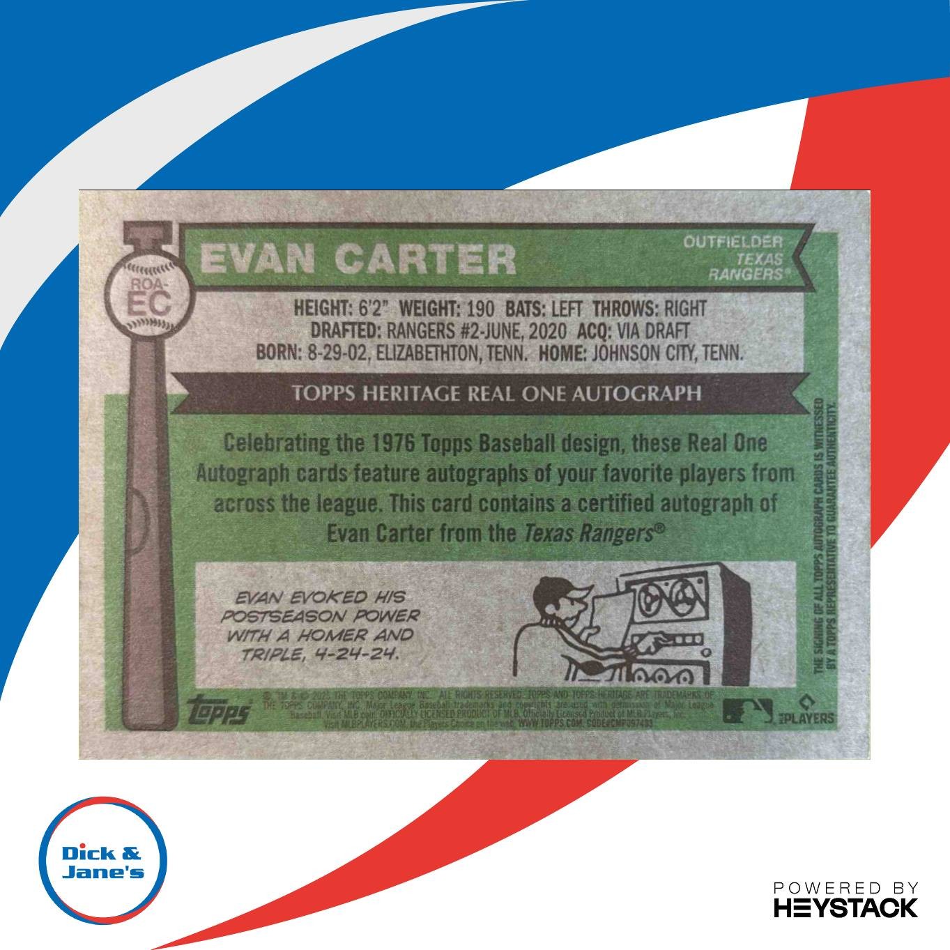 2025 Topps Heritage Evan Carter Real One Auto #ROA-EC Texas Rangers - Sports Cards