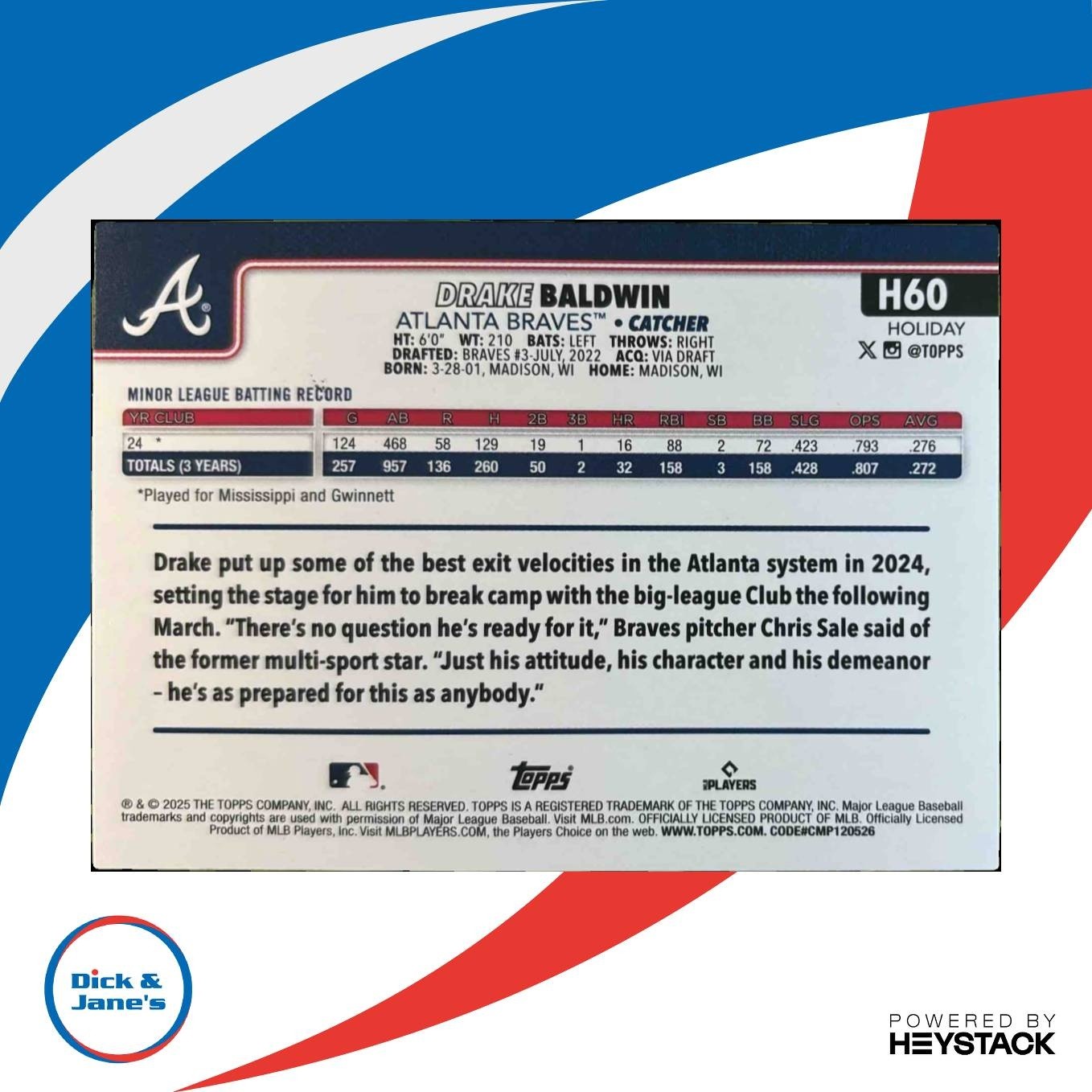 2025 Topps Holiday Drake Baldwin Blue Metallic Glitter #H60 RC Atlanta Braves - Sports Cards