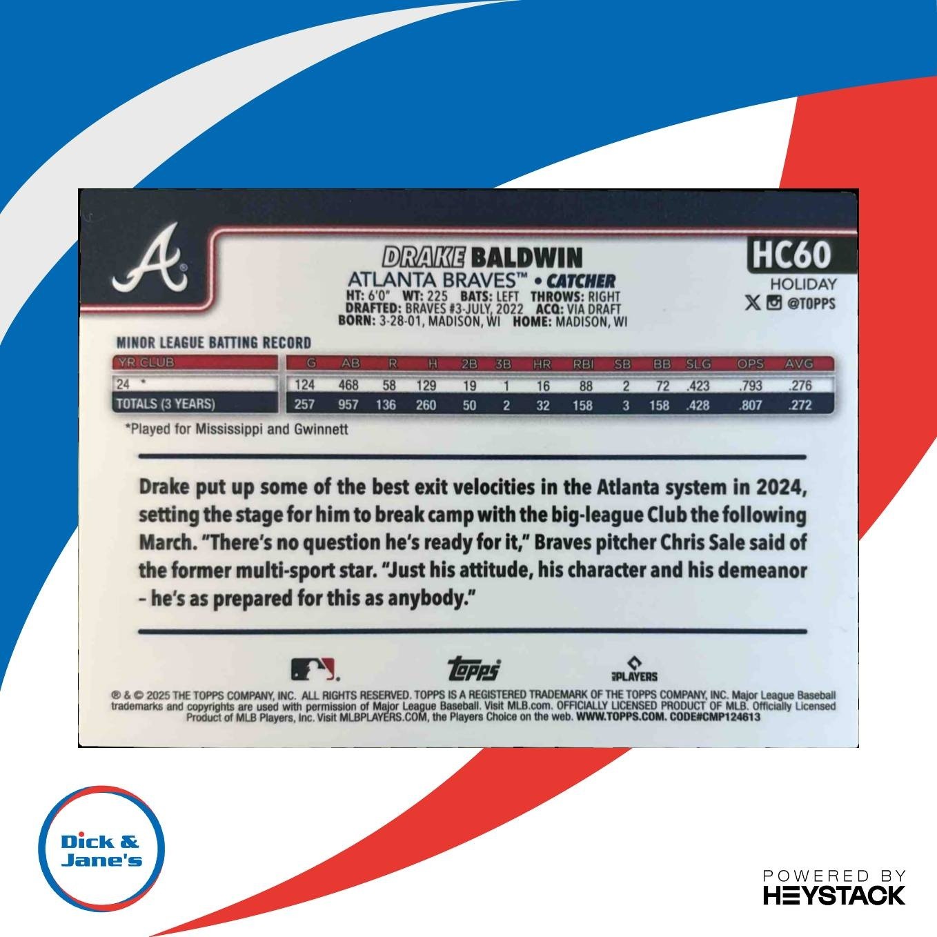 2025 Topps Holiday Drake Baldwin Chrome Refractor /499 #HC60 RC Atlanta Braves - Sports Cards