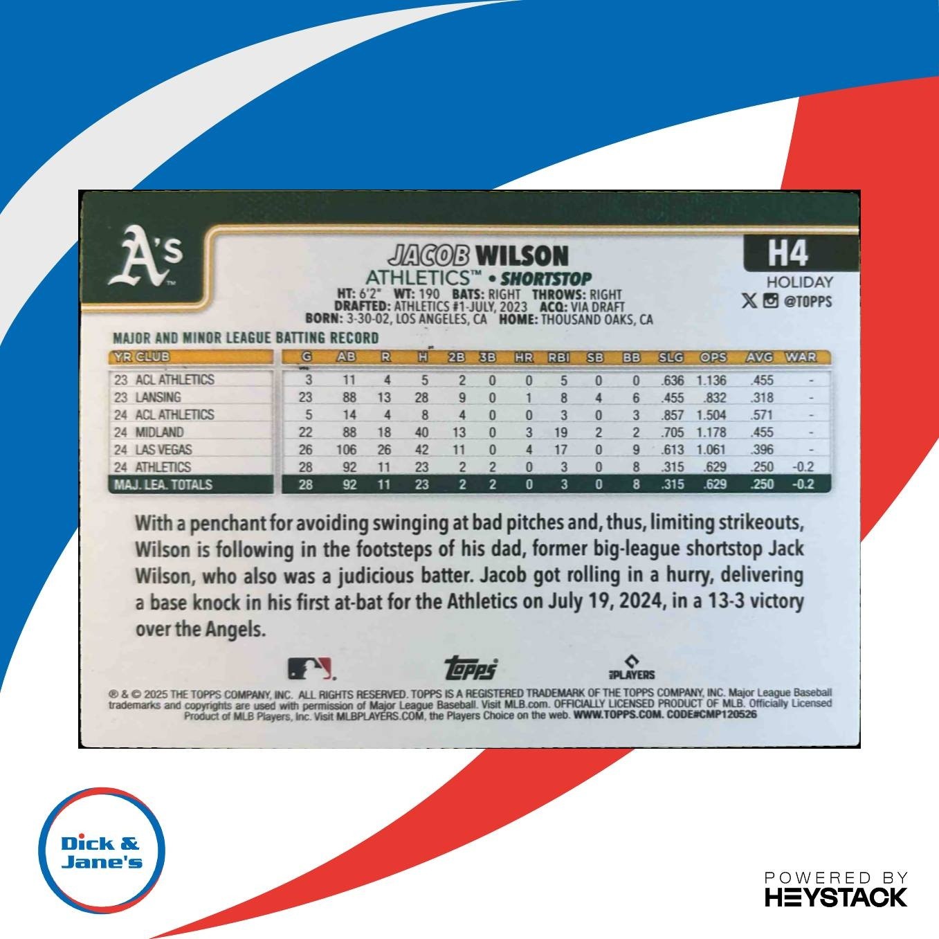 2025 Topps Holiday Jacob Wilson Silver Glitter #H4 RC Athletics - Sports Cards