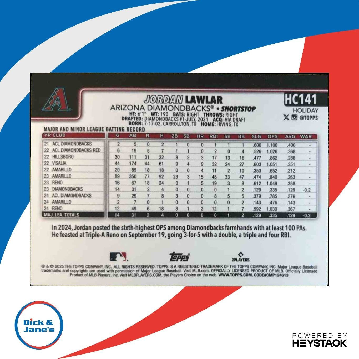 2025 Topps Holiday Jordan Lawlar Chrome Green /99 #HC141 Arizona Diamondbacks - Sports Cards