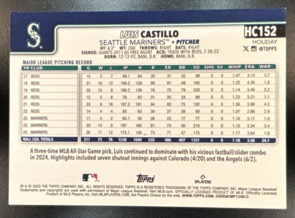 2025 Topps Holiday Luis Castillo Chrome Orange /25 #HC152 Seattle Mariners - Sports Cards