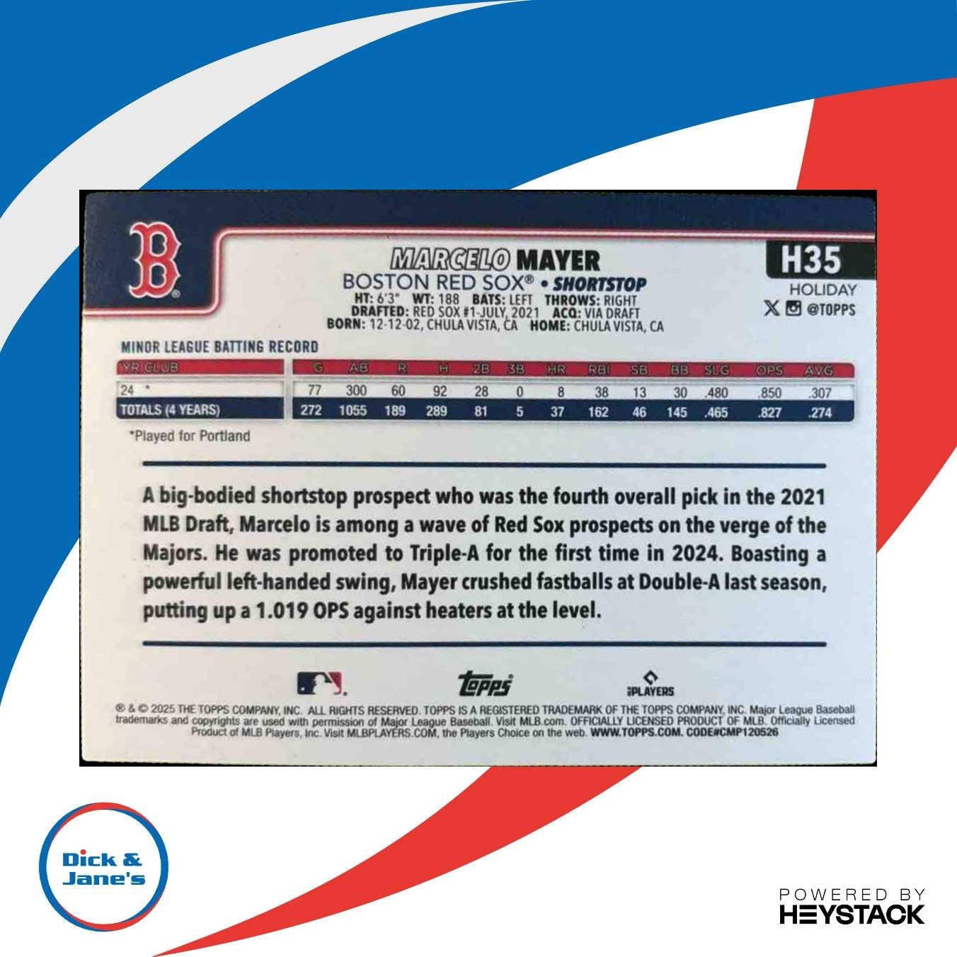 2025 Topps Holiday Marcelo Mayer Blue Metallic Glitter #H35 RC Boston Red Sox - Sports Cards