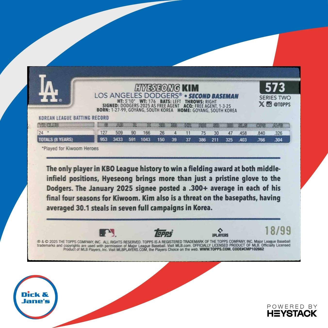 2025 Topps Hyeseong Kim Green Holo Foil 18/99 #573 RC Los Angeles Dodgers - Sports Cards