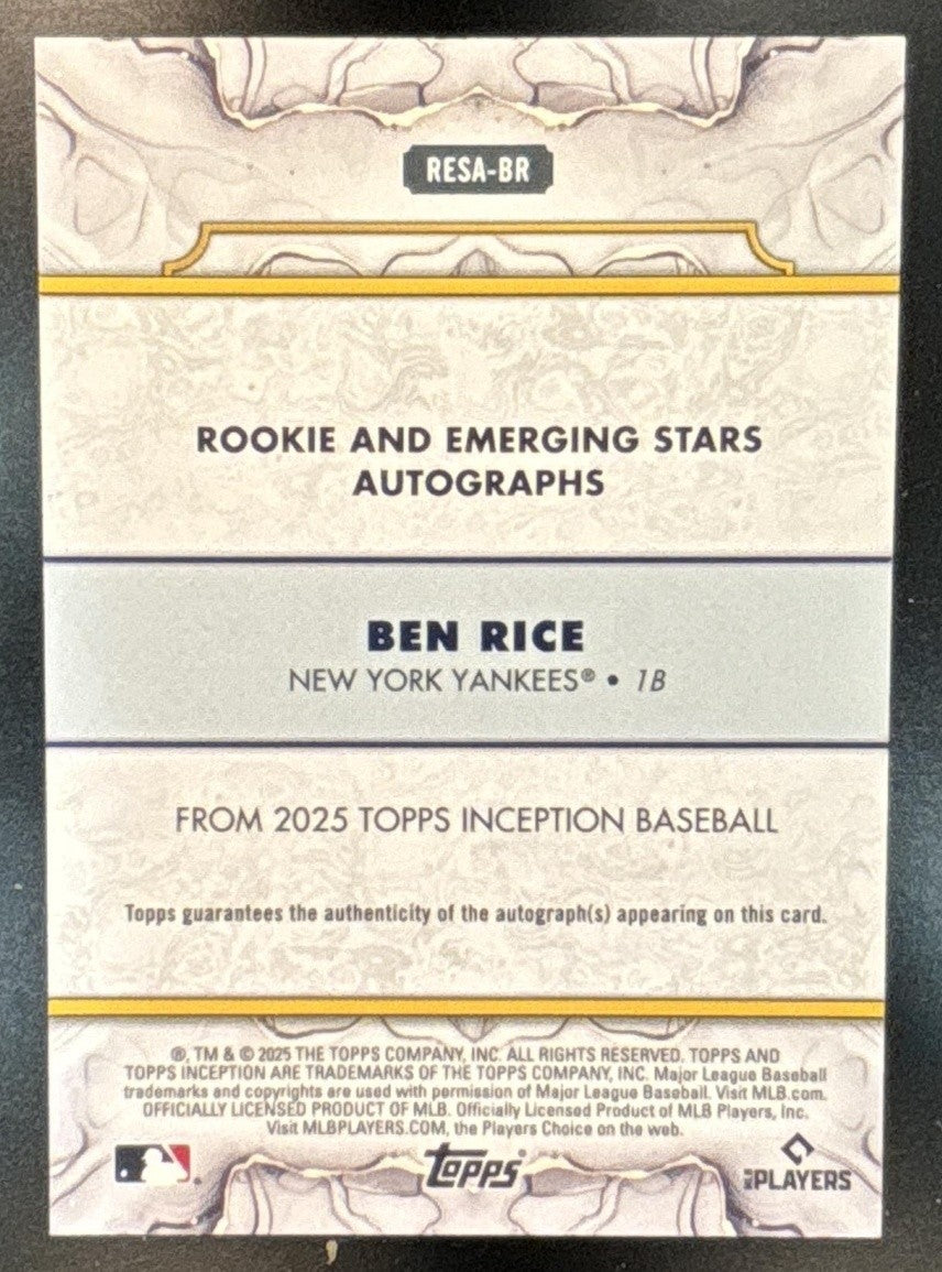 2025 Topps Inception Ben Rice Rookies And Emerging Stars Auto /149 RC Yankees - Sports Cards