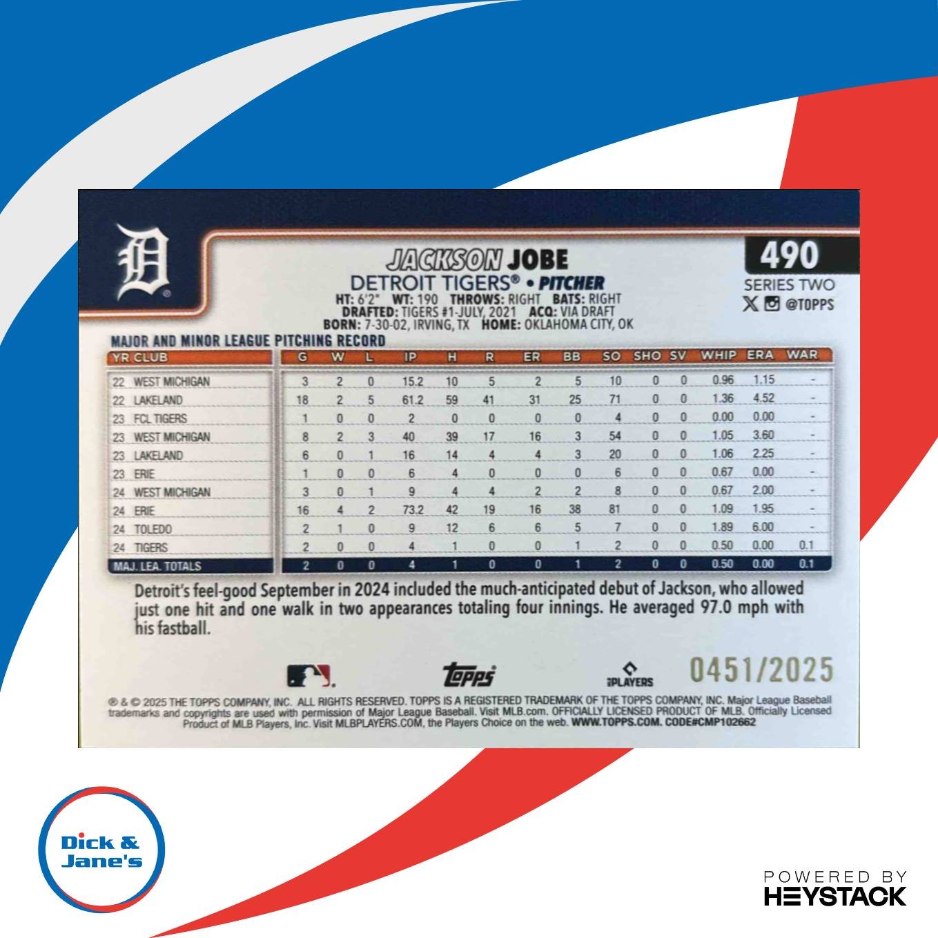 2025 Topps Jackson Jobe Gold 451/2025 #490 RC Detroit Tigers Rookie Card - Sports Cards