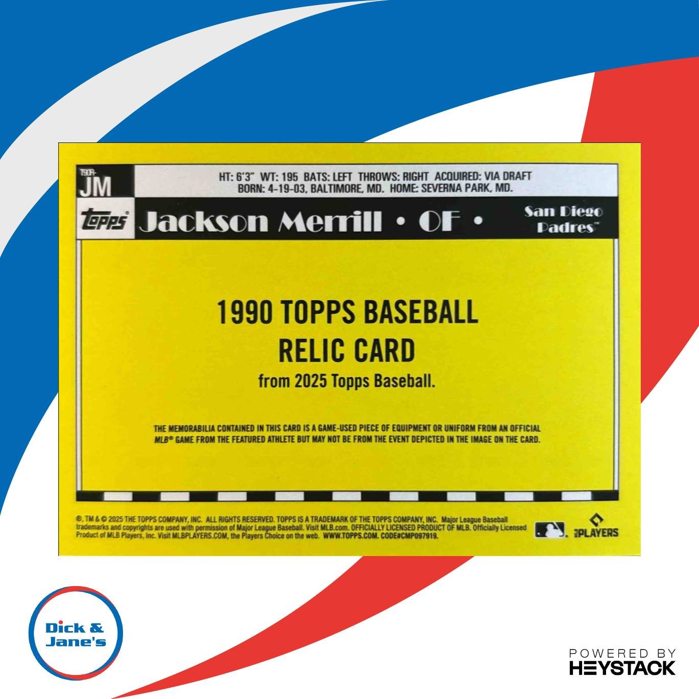 2025 Topps Jackson Merrill 1990 Baseball Relics S1 #T90R-JM MEM San Diego Padres - Sports Cards