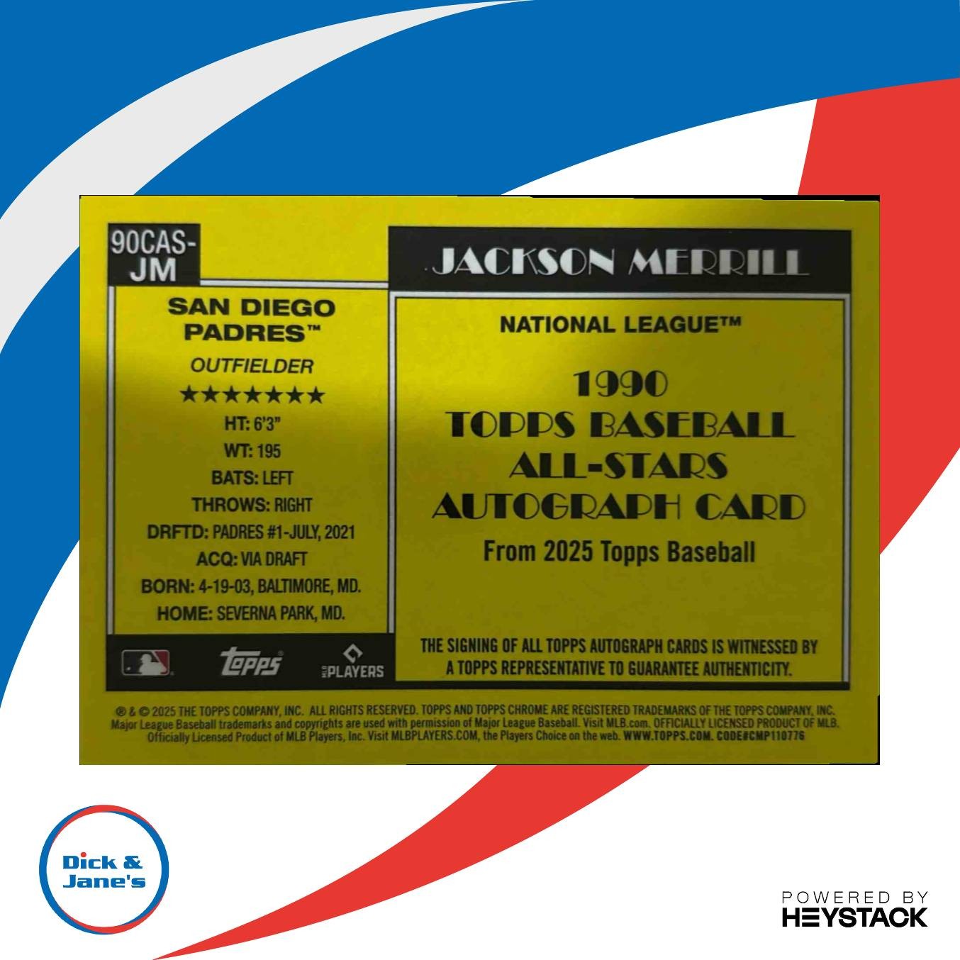 2025 Topps Jackson Merrill 1990 Chrome Silver Pack All Stars Auto San Diego - Sports Cards