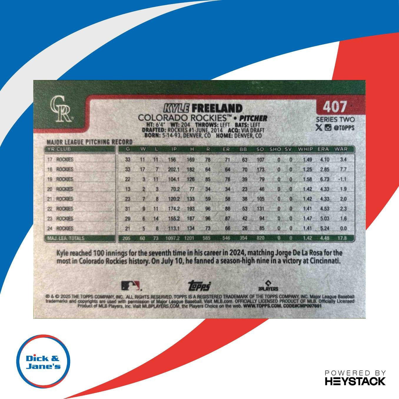 2025 Topps Kyle Freeland Vintage Stock 50/99 #407 Colorado Rockies - Sports Cards