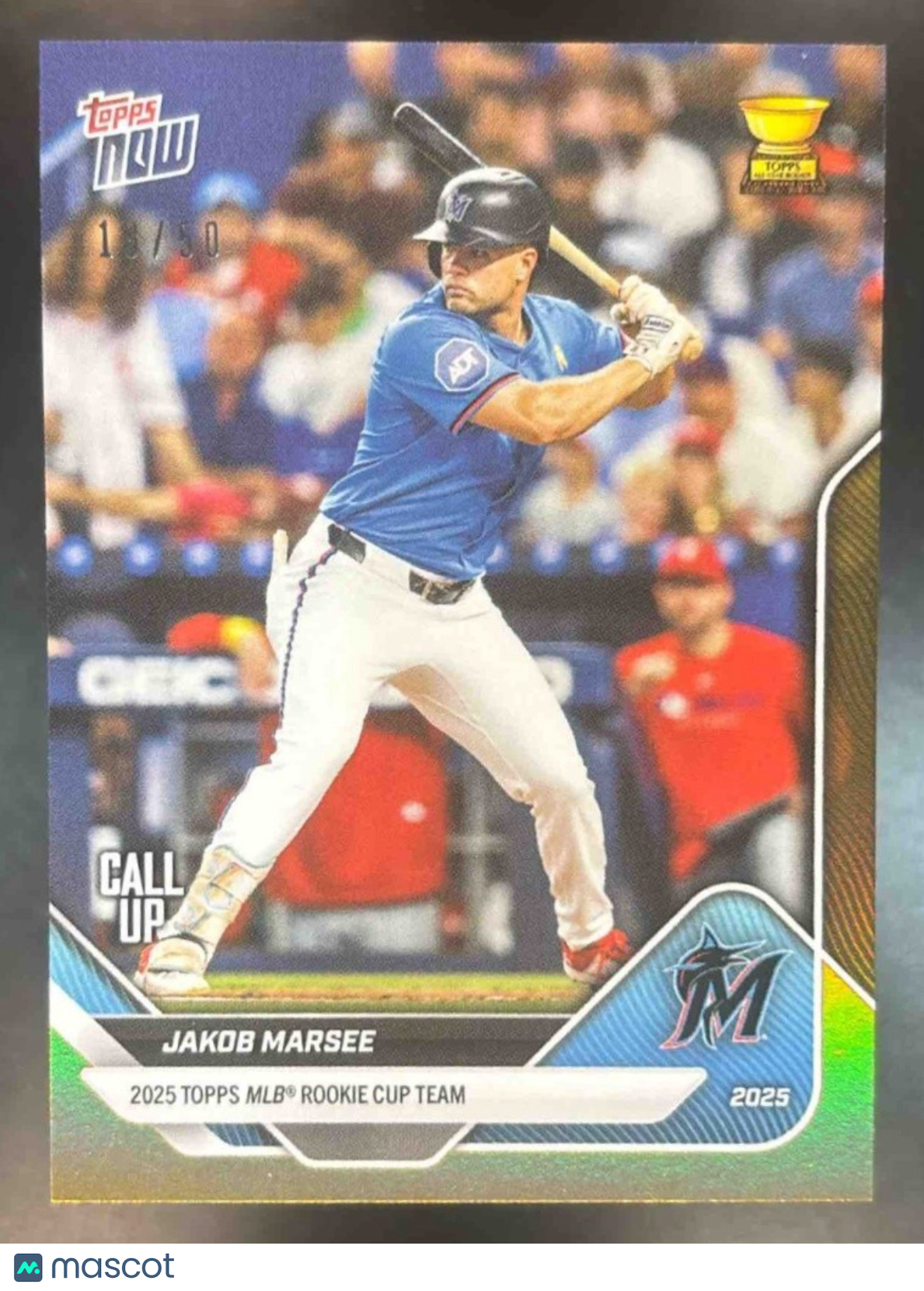 2025 Topps Now Rookie Cup Jakob Marsee Gold Foil 18/50 #RC-8 Miami Marlins - Sports Cards