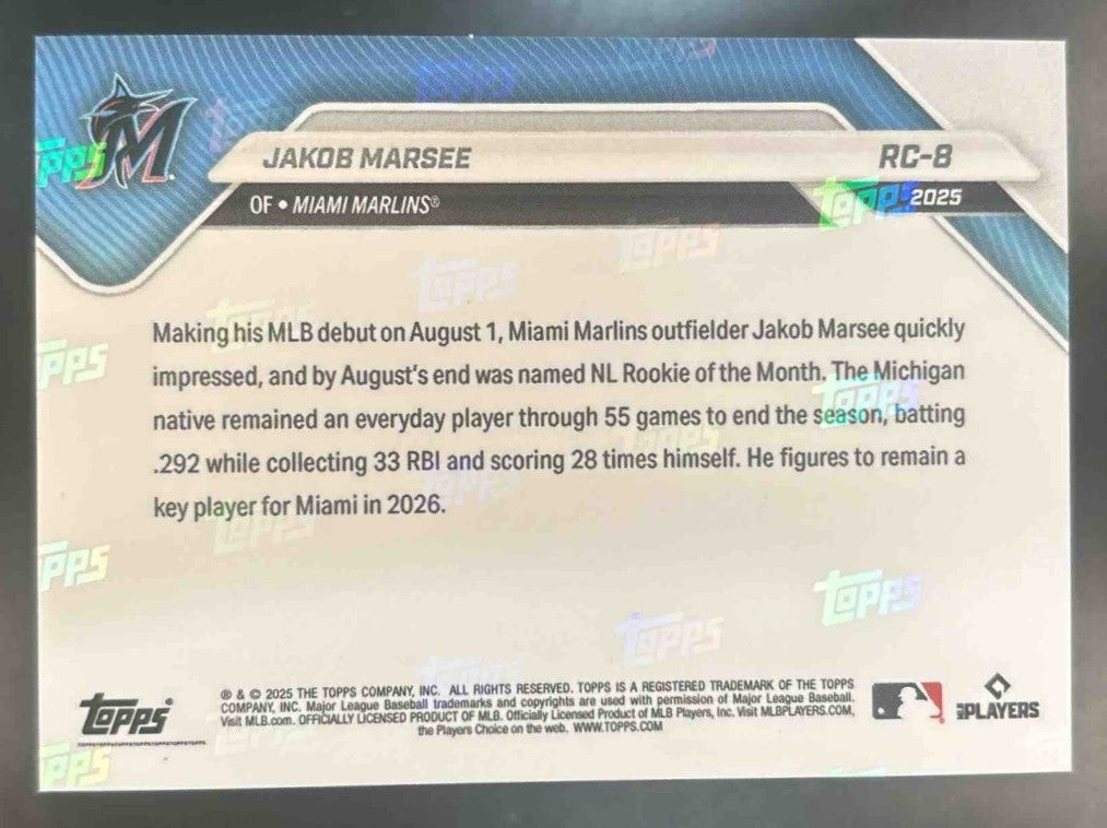 2025 Topps Now Rookie Cup Jakob Marsee Gold Foil 18/50 #RC-8 Miami Marlins - Sports Cards