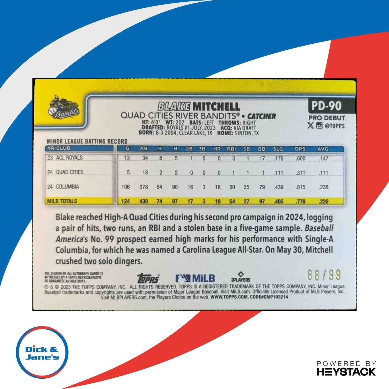 2025 Topps Pro Debut Blake Mitchell Auto Green Foil /99 River Bandits - Sports Cards