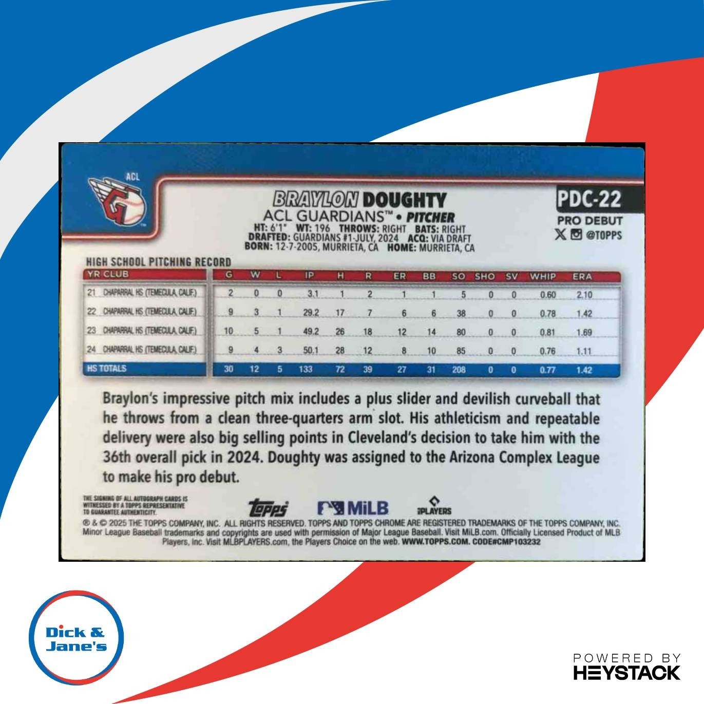 2025 Topps Pro Debut Braylon Doughty Chrome Auto Green /99 #PDC-22 ACL Guardians - Sports Cards