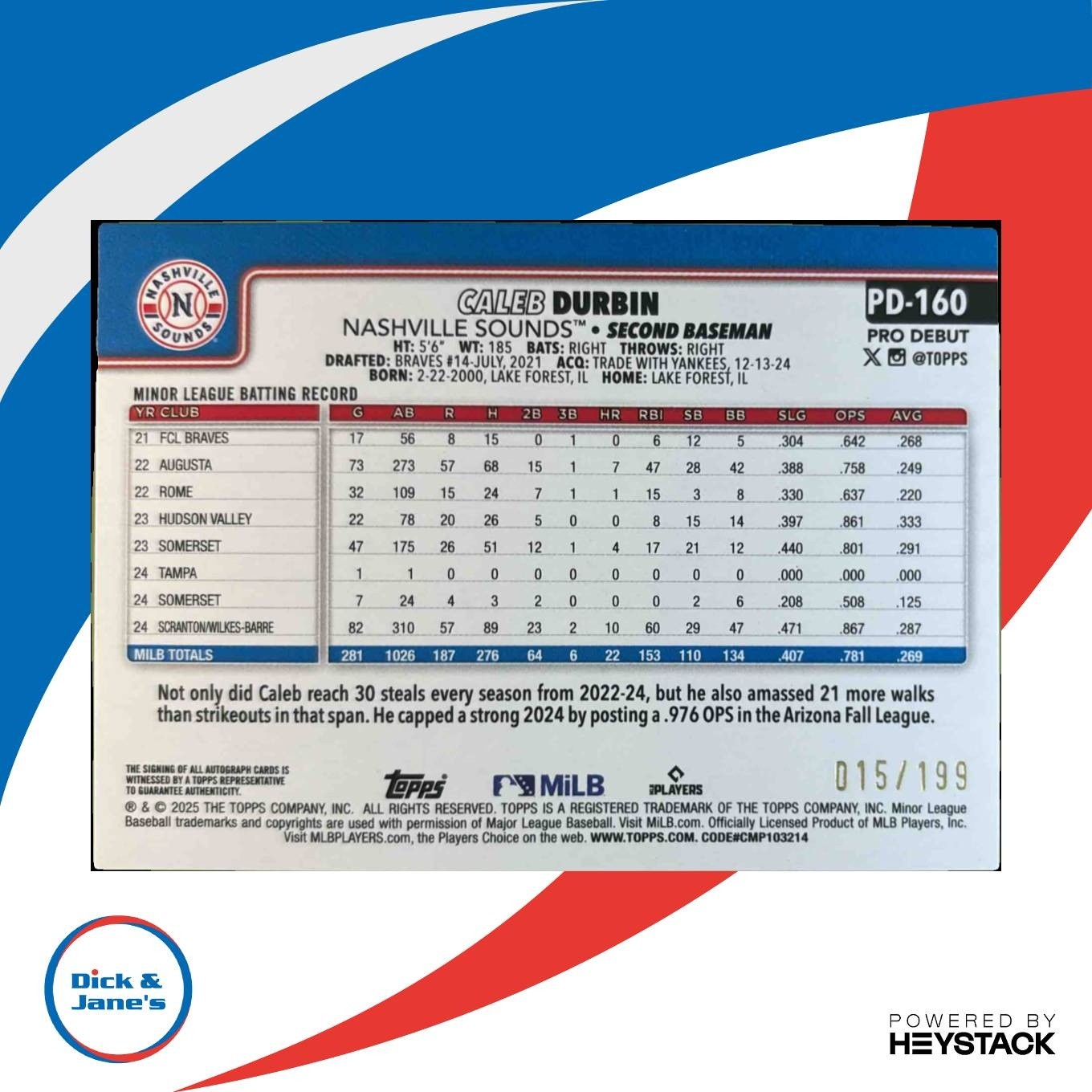 2025 Topps Pro Debut Caleb Durbin Auto Fuchsia Foil 15/199 Nashville Sounds - Sports Cards