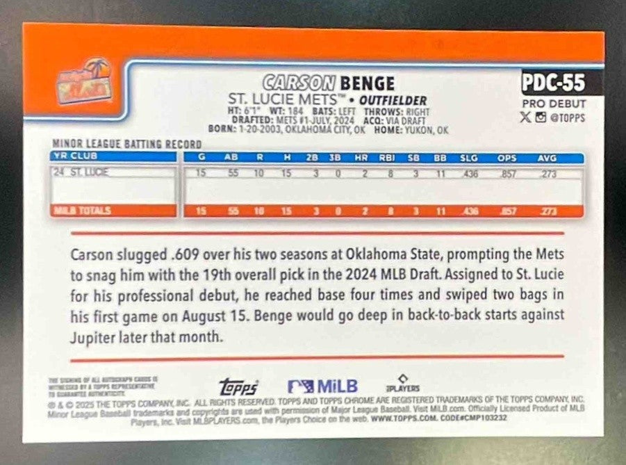 2025 Topps Pro Debut Carson Benge #PD-55 Auto TRUE Orange Foil 20/25 MY Mets - Sports Cards