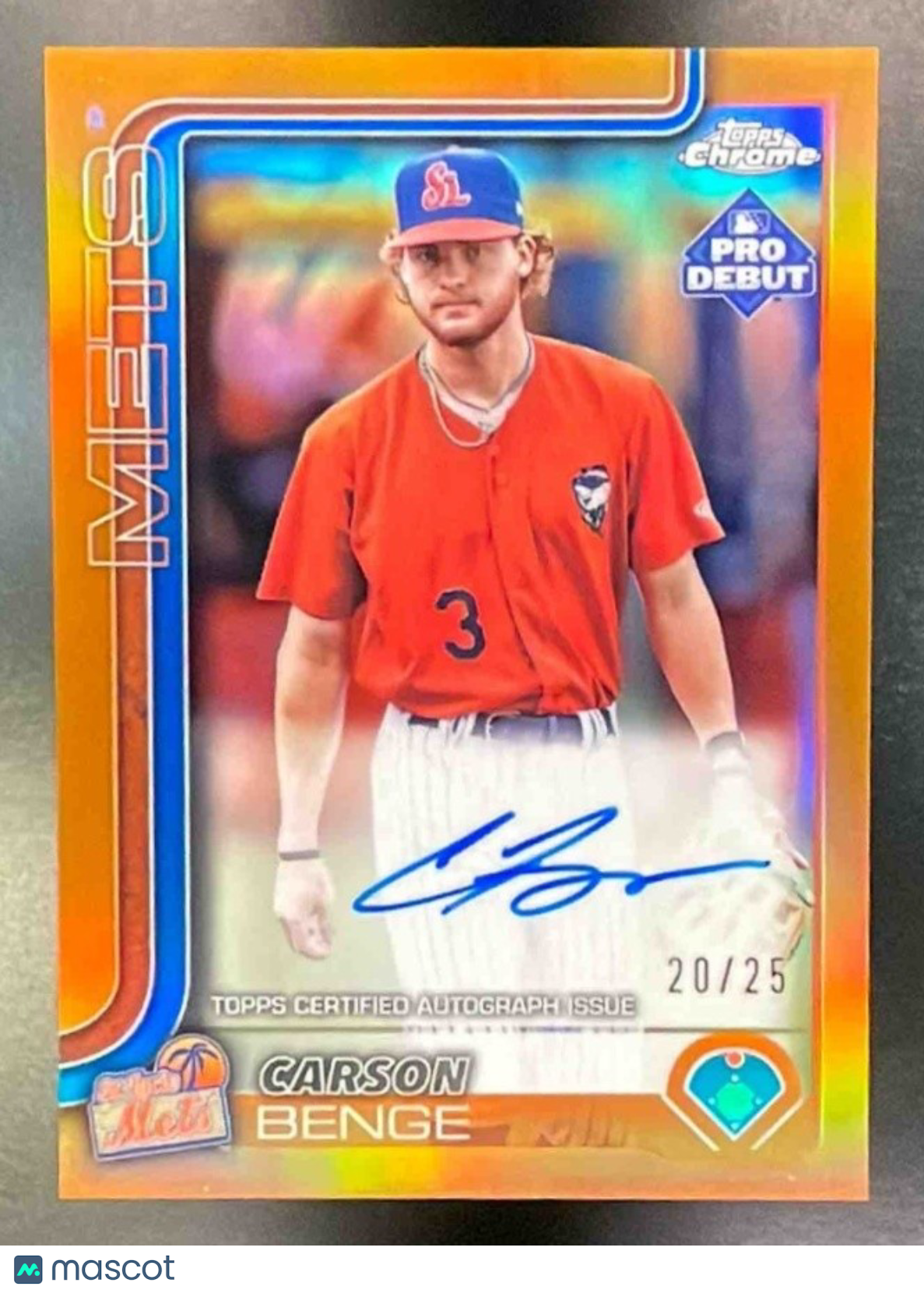 2025 Topps Pro Debut Carson Benge #PD-55 Auto TRUE Orange Foil 20/25 MY Mets - Sports Cards