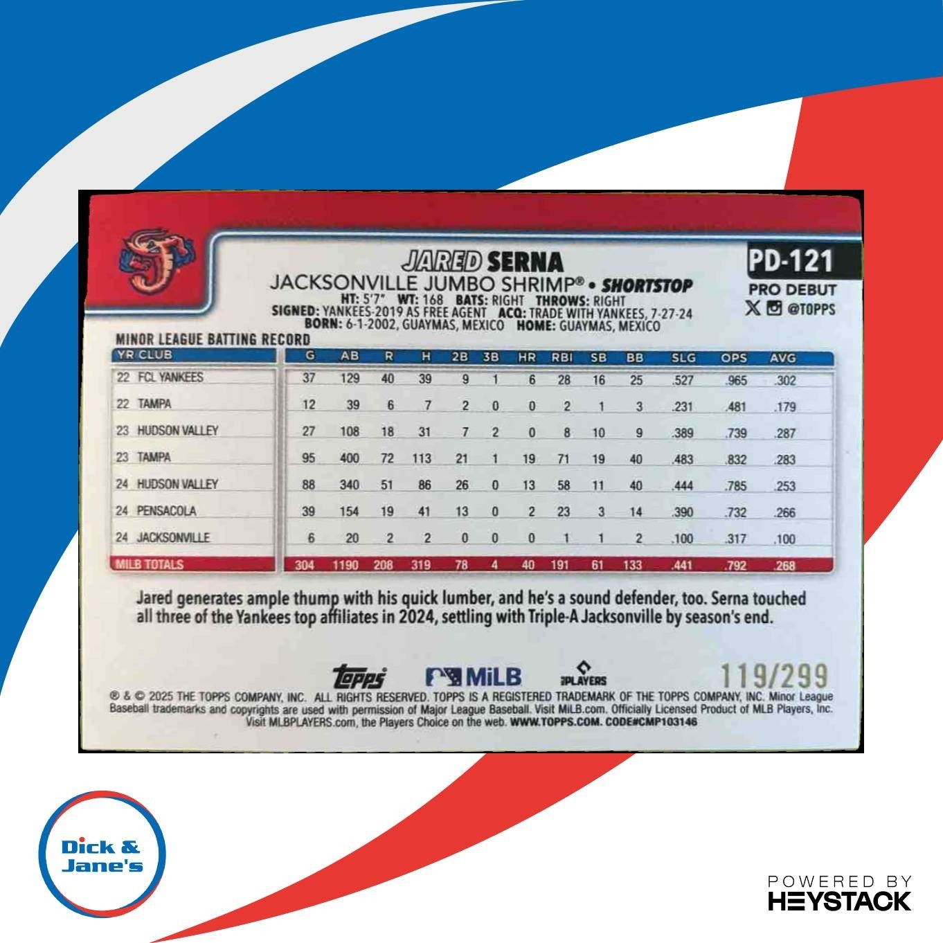 2025 Topps Pro Debut Jared Serna Purple Foil /299 Jacksonville Jumbo Shrimp - Sports Cards