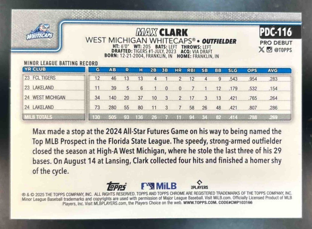 2025 Topps Pro Debut Max Clark Chrome Green Wave /99 #PDC-116 Whitecaps - Sports Cards