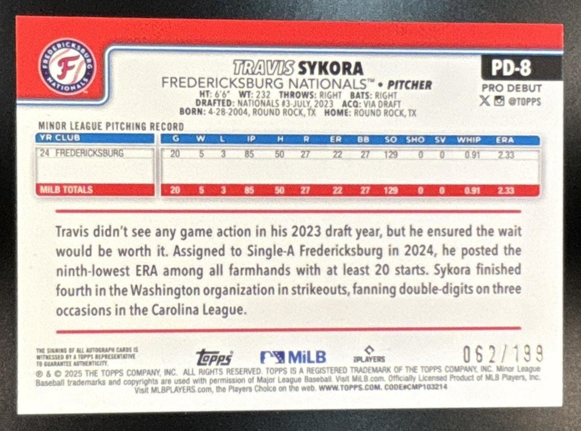 2025 Topps Pro Debut Travis Sykora Auto Fuchsia /199 #PD-8 Nationals - Sports Cards