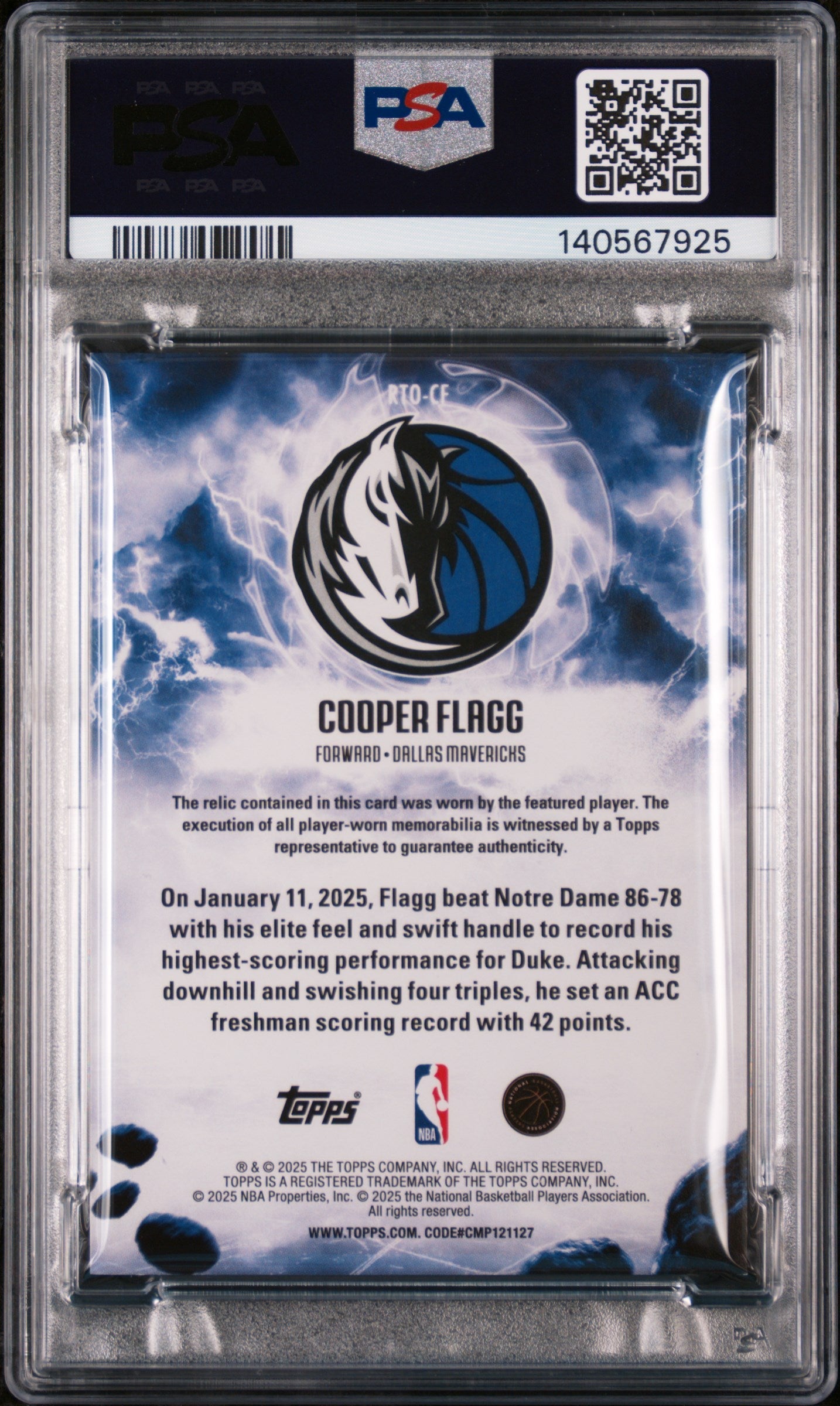 2025 Topps Rise To The Occasion Relics Cooper Flagg RL Rnbw Flbrd #RTO-CF PSA 9 - Graded Sports Cards