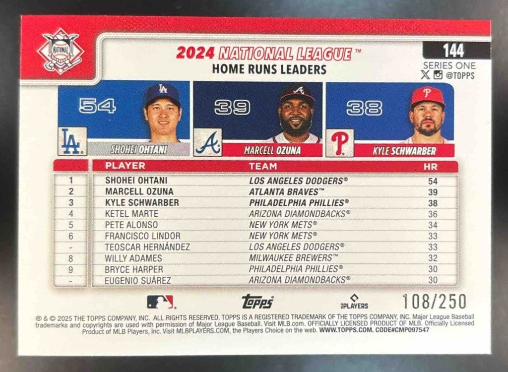 2025 Topps Shohei Ohtani Ozuna Schwarber Purple /250 #1 Dodgers - Sports Cards