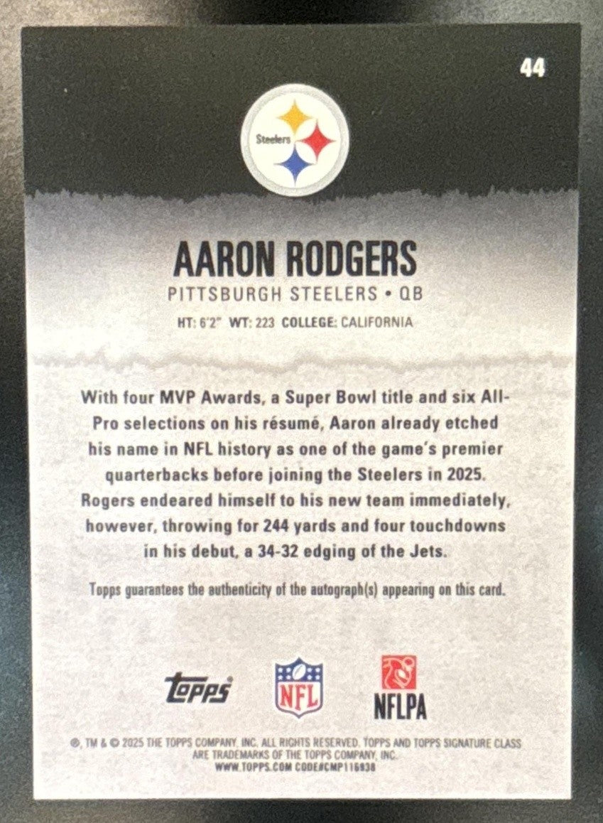 2025 Topps Signature Class Aaron Rodgers Chrome Auto Orange Lava Refractor 10/50 - Sports Cards