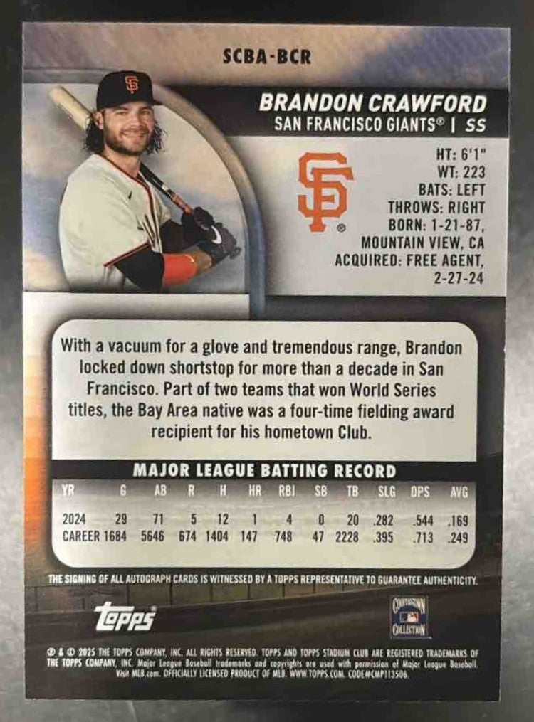 2025 Topps Stadium Club Brandon Crawford Auto Yellow Foil San Francisco Giants - Sports Cards