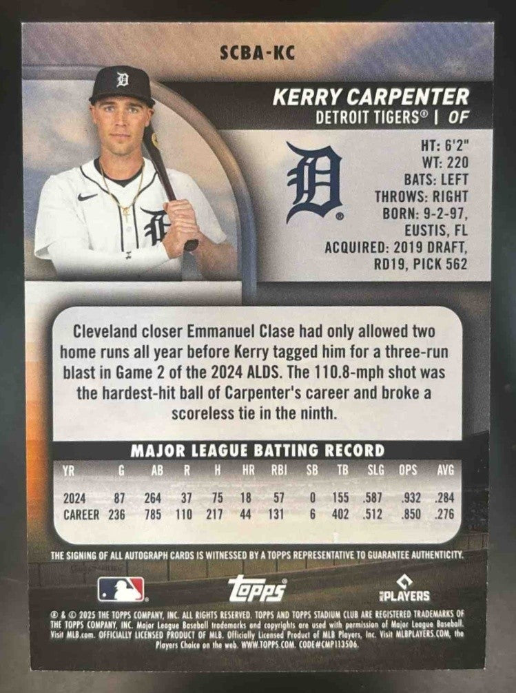 2025 Topps Stadium Club Kerry Carpenter Auto #SCBA-KC Detroit Tigers - Sports Cards