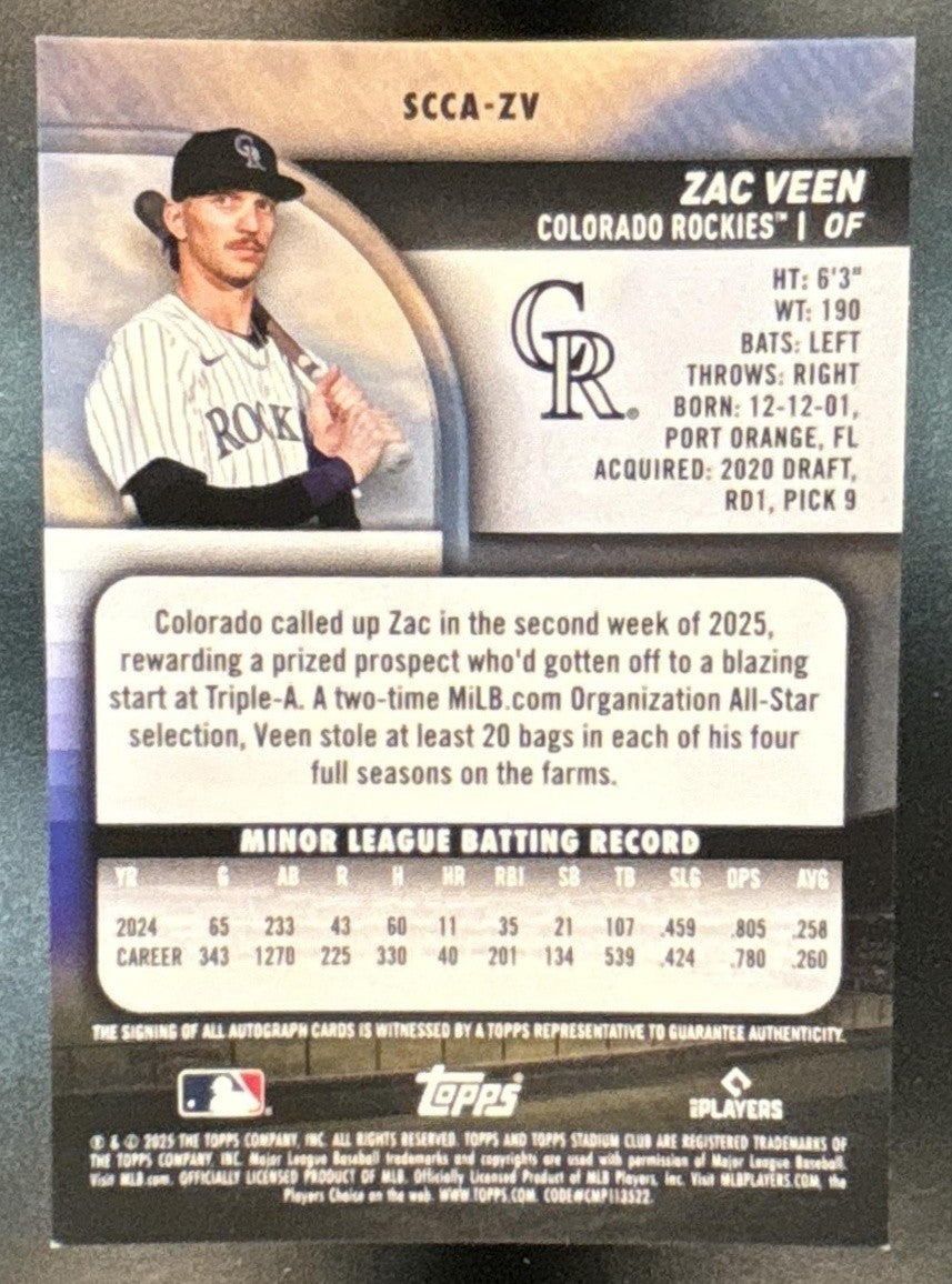 2025 Topps Stadium Club Zac Veen Chrome Auto #SCCA-ZV Colorado Rockies - Sports Cards