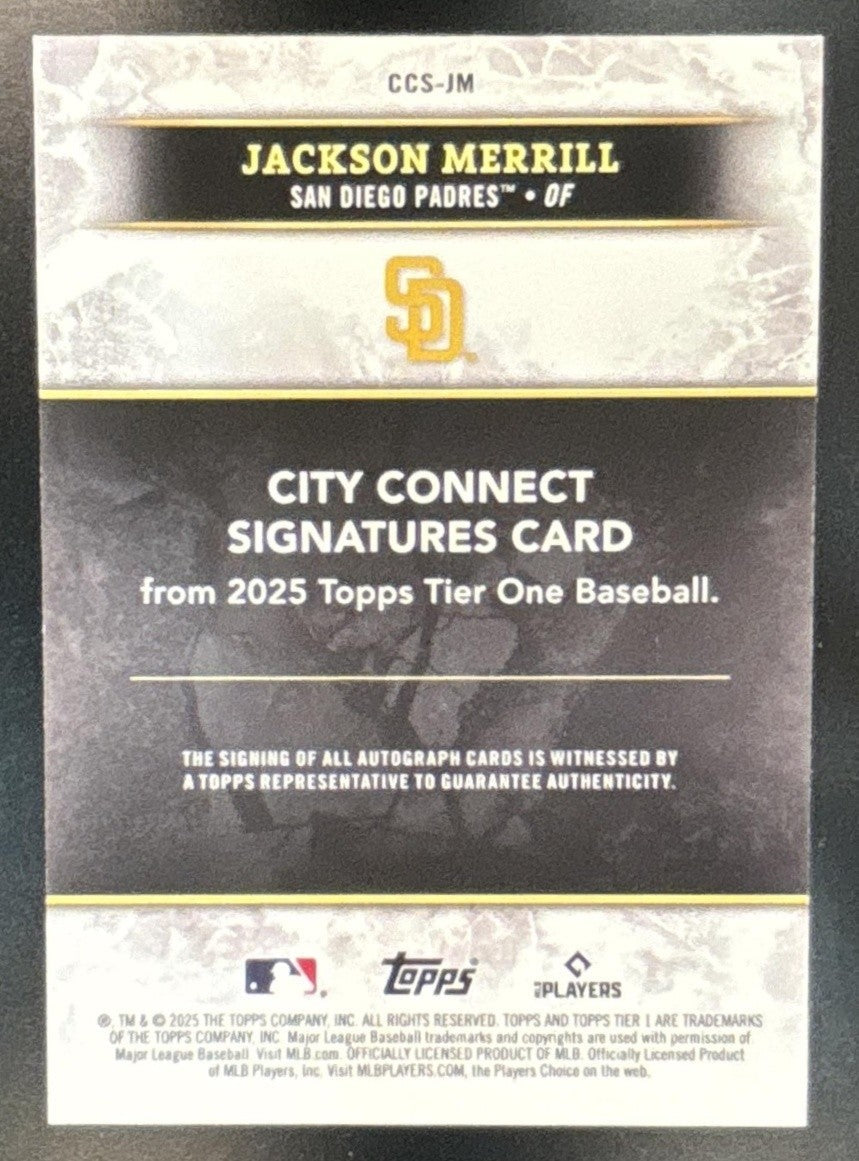 2025 Topps Tier One Jackson Merrill City Connect Signatures Red /15 Auto Padres - Sports Cards