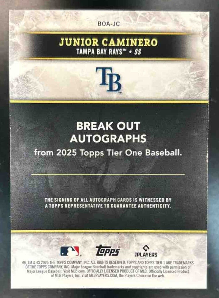 2025 Topps Tier One Junior Caminero Break Out Auto /299 #BOA-JC Tampa Bay Rays - Sports Cards