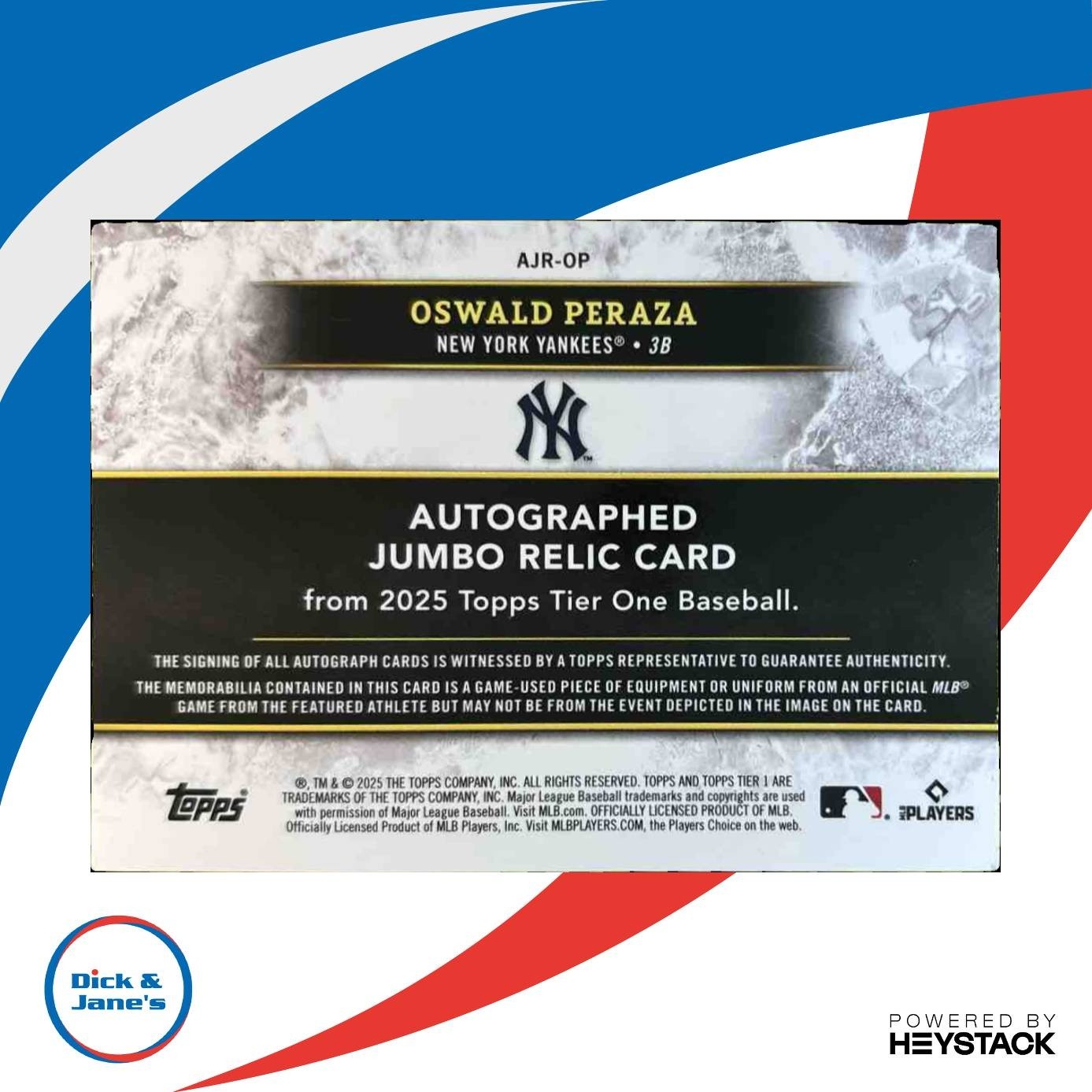2025 Topps Tier One Oswald Peraza Auto Jumbo Relics /99 New York Yankees - Sports Cards