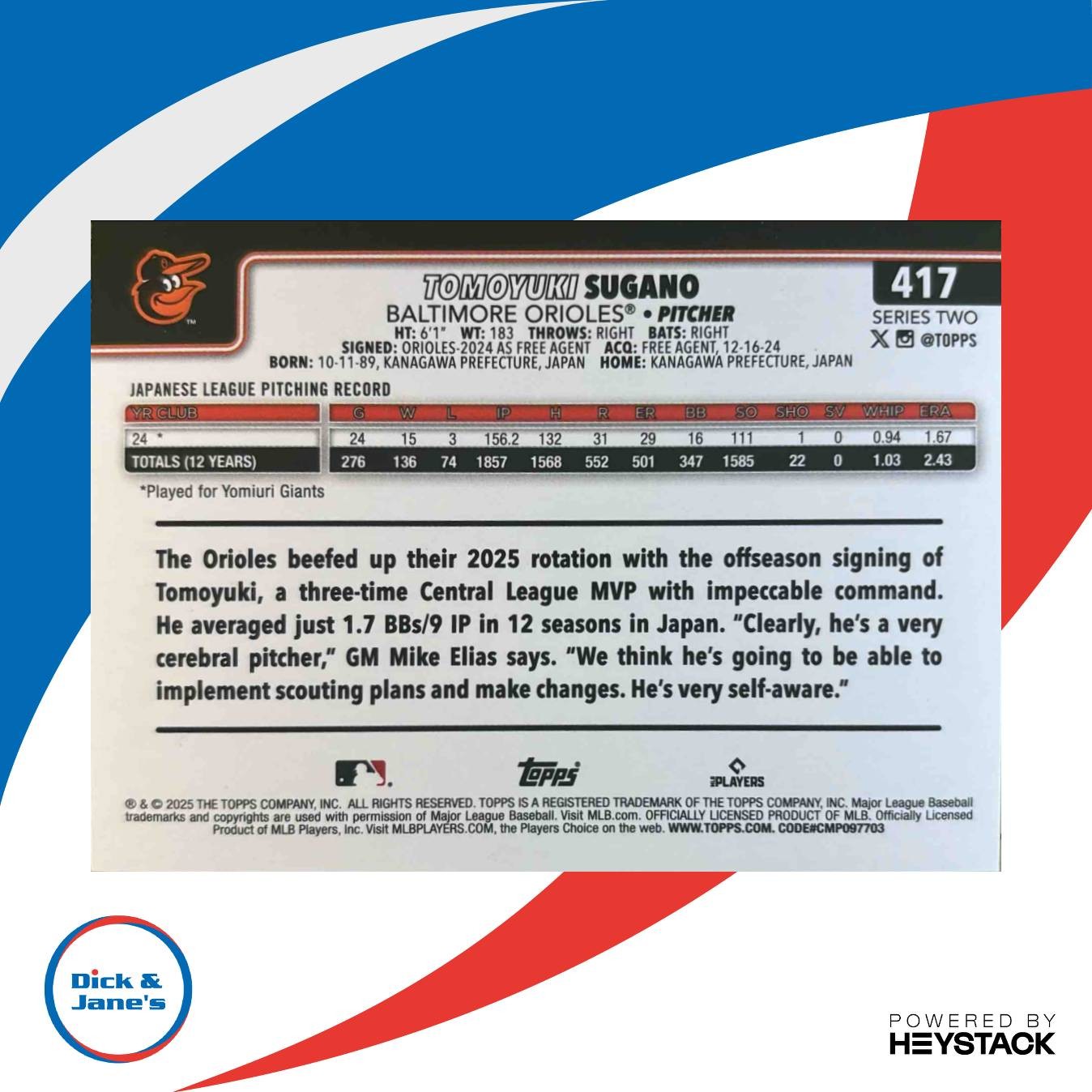 2025 Topps Tomoyuki Sugano True Photo Variation #417 RC Baltimore Orioles - Sports Cards