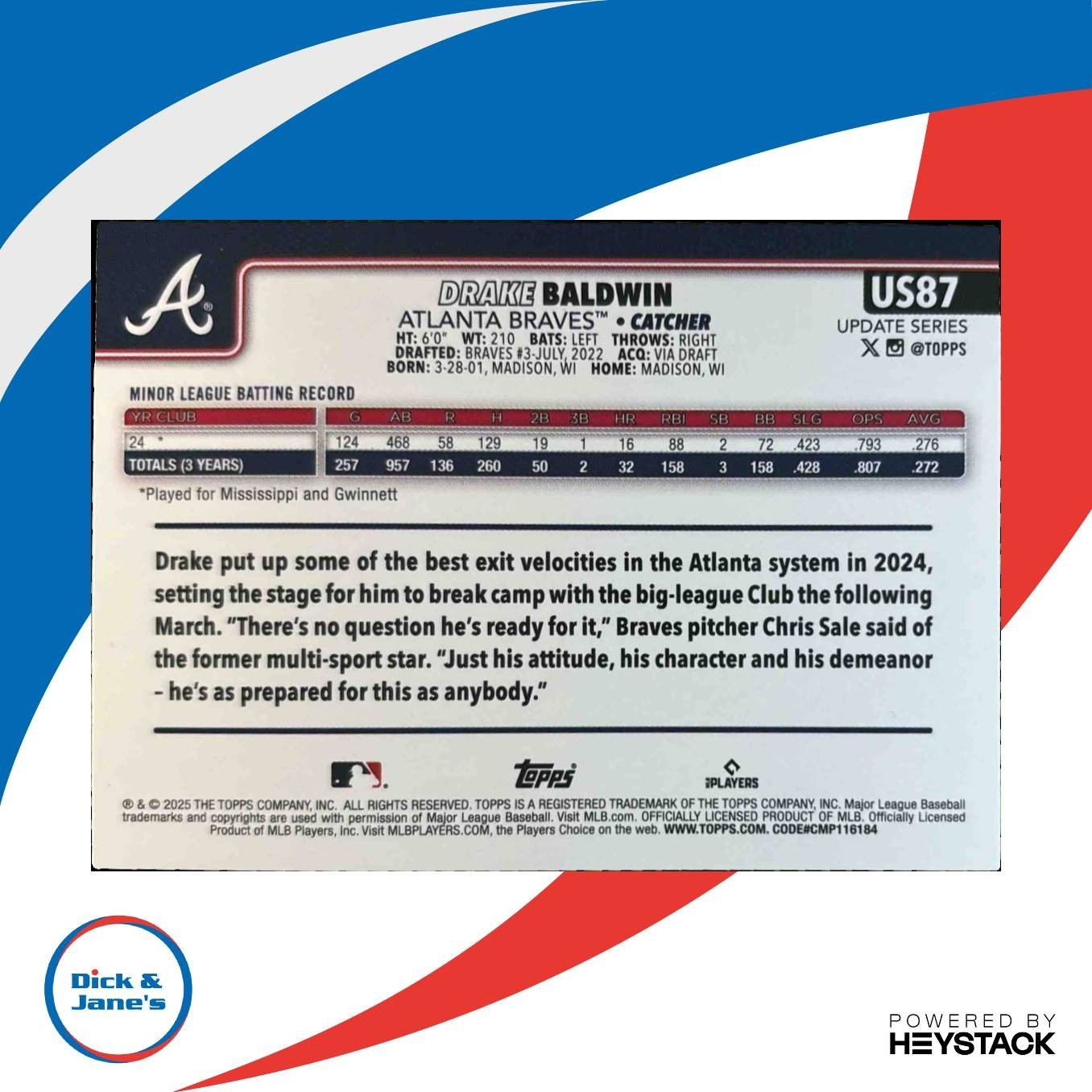 2025 Topps Update Drake Baldwin Pink Holo Foil #US87 RC Atlanta Braves - Sports Cards