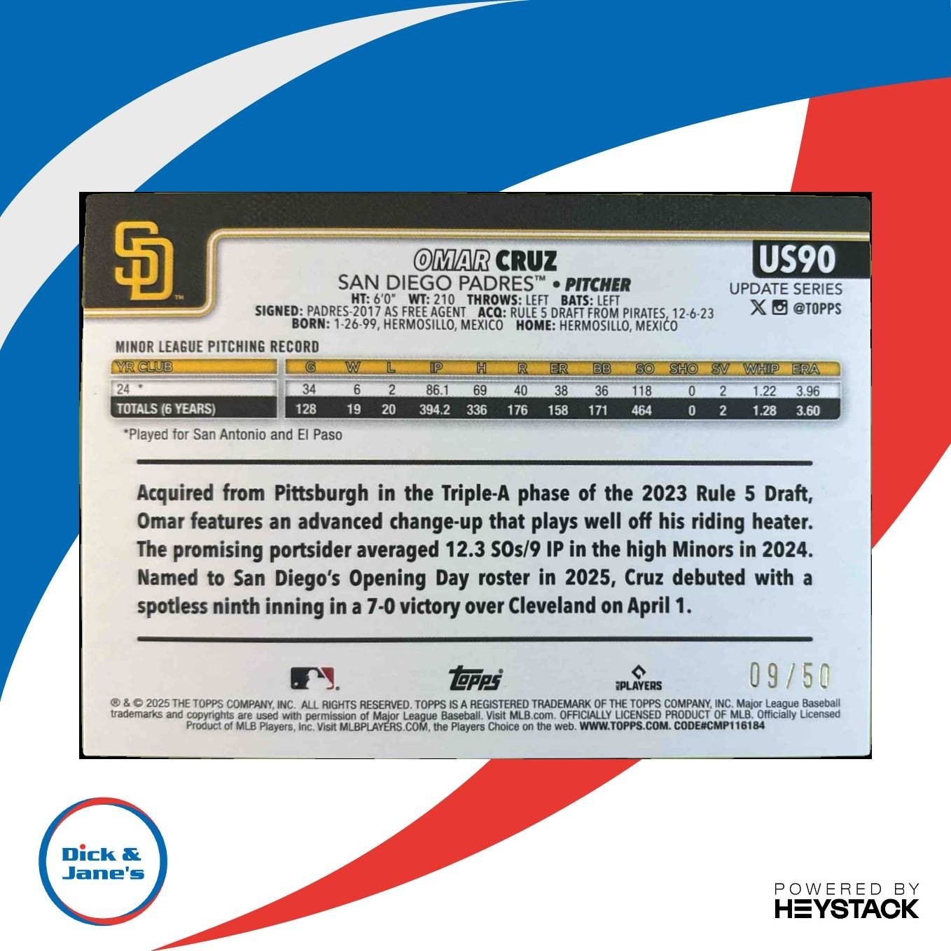 2025 Topps Update Omar Cruz Holiday Mummy 9/50 #US90 RC San Diego Padres - Sports Cards