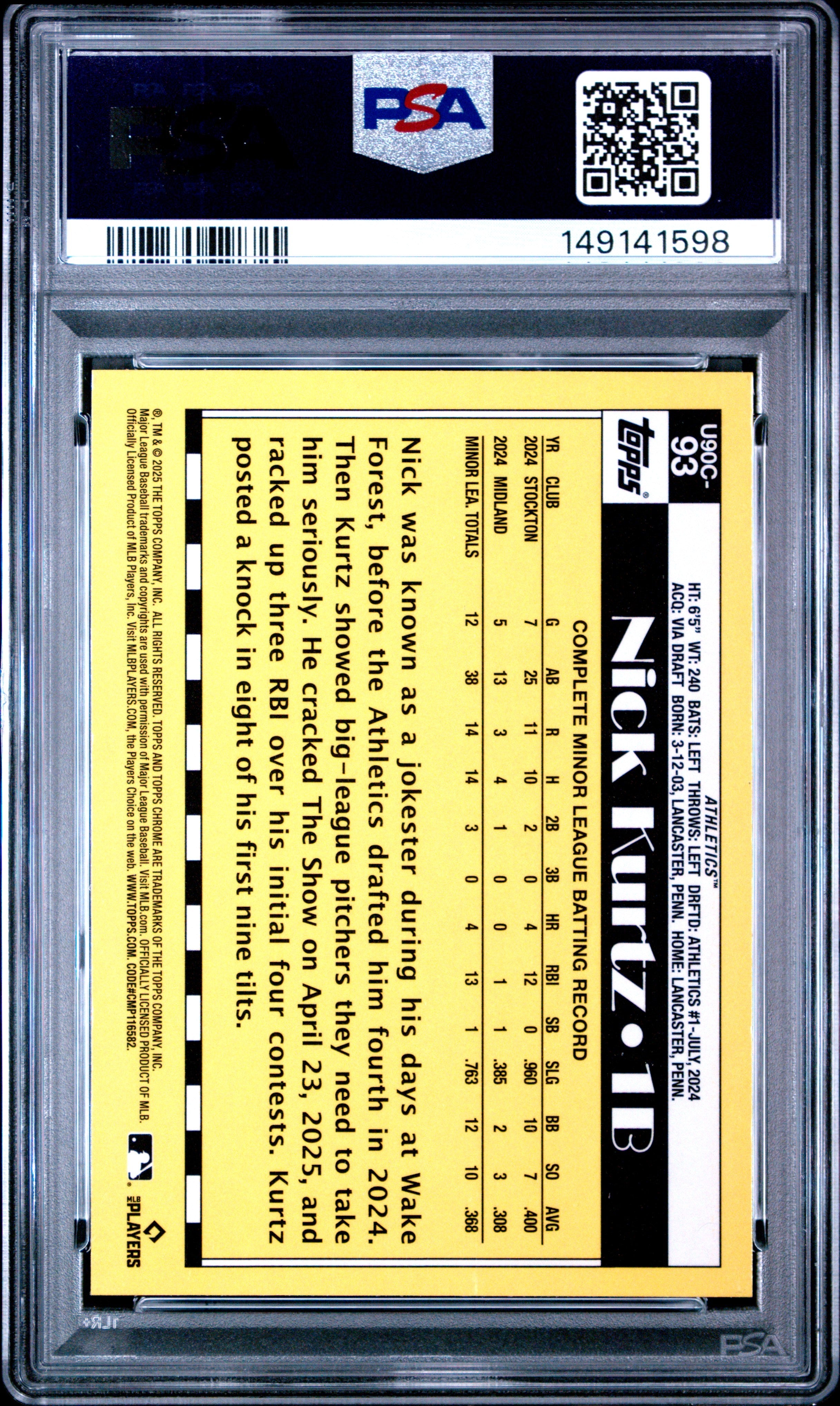 2025 Topps Update Silver Pack 1990 Chrome Promo Nick Kurtz #93 PSA 9 - Graded Sports Cards