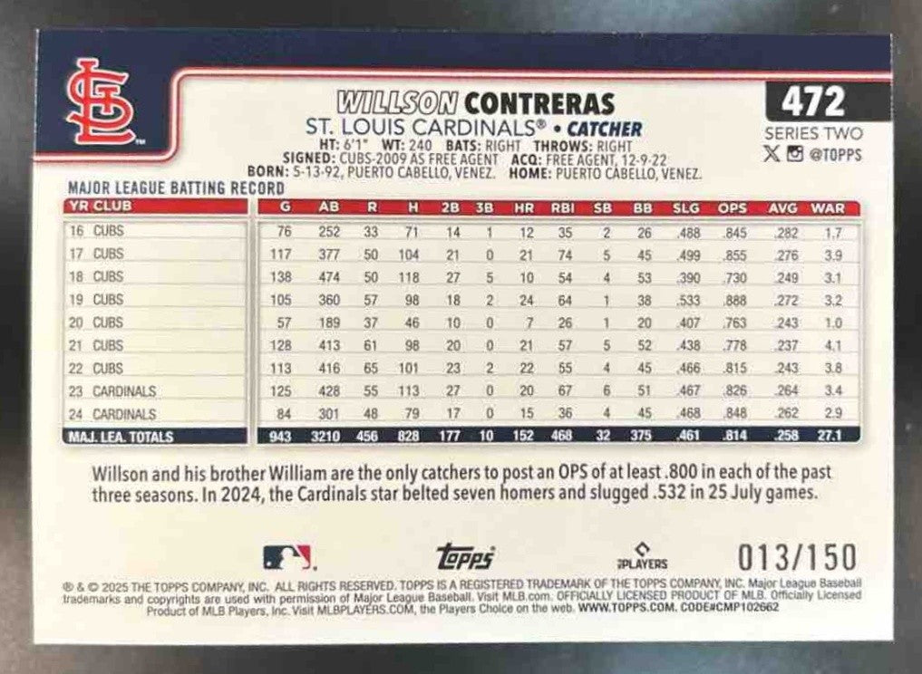 2025 Topps Willson Contreras Blue Holo Foil /150 #472 St. Louis Cardinals - Sports Cards