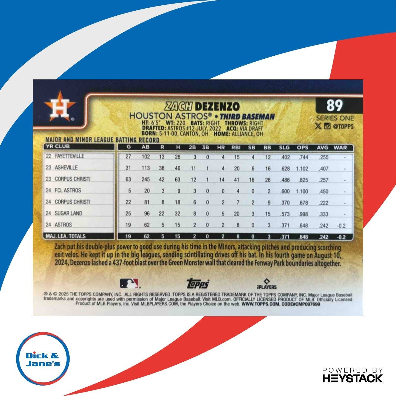 2025 Topps Zach Dezenzo Golden Mirror Variation SSP #89 RC Houston Astros - Sports Cards