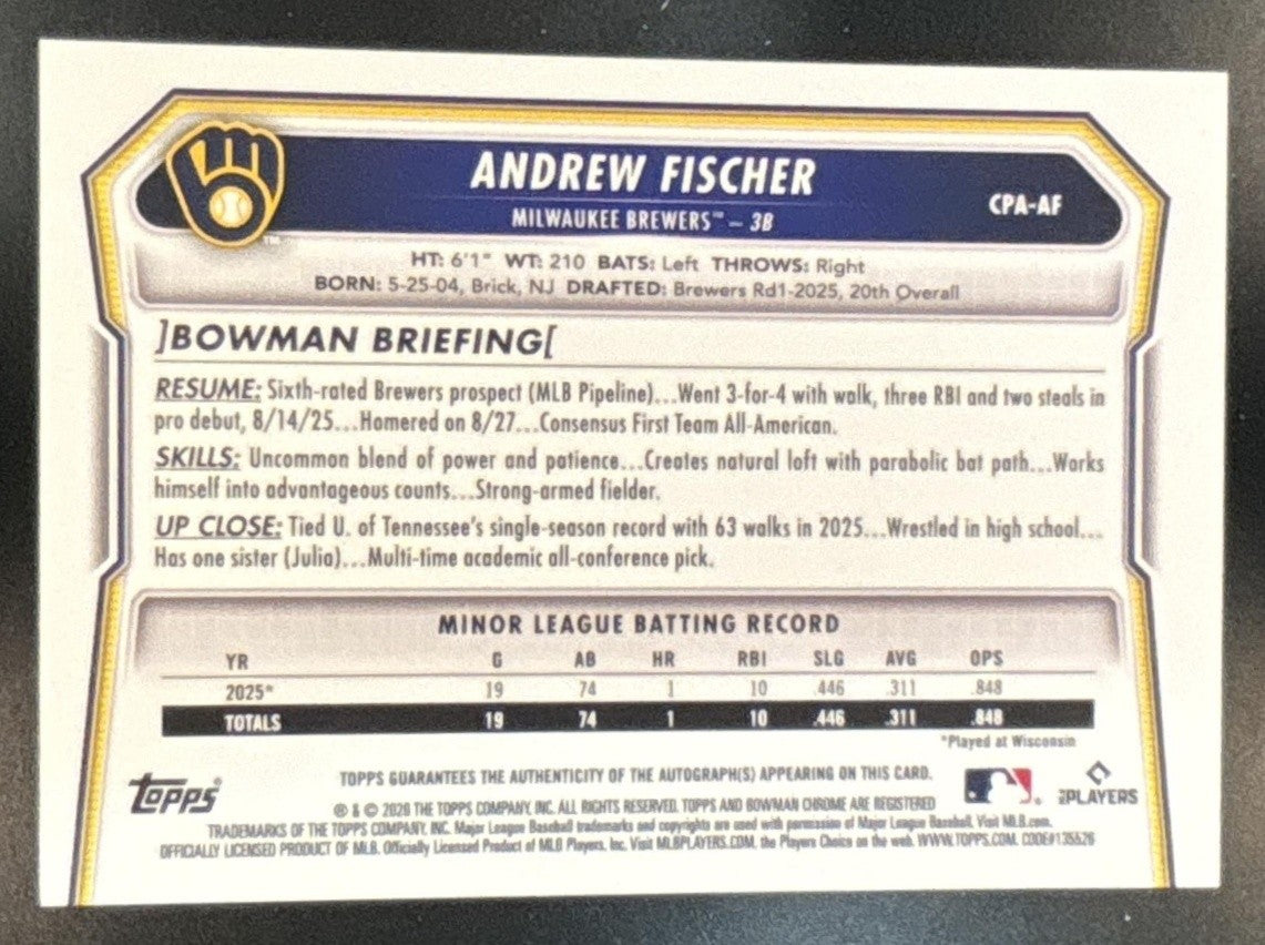 2026 Bowman Andrew Fischer Chrome Auto #CPA-AF 1st Prospect Milwaukee Brewers - Sports Cards