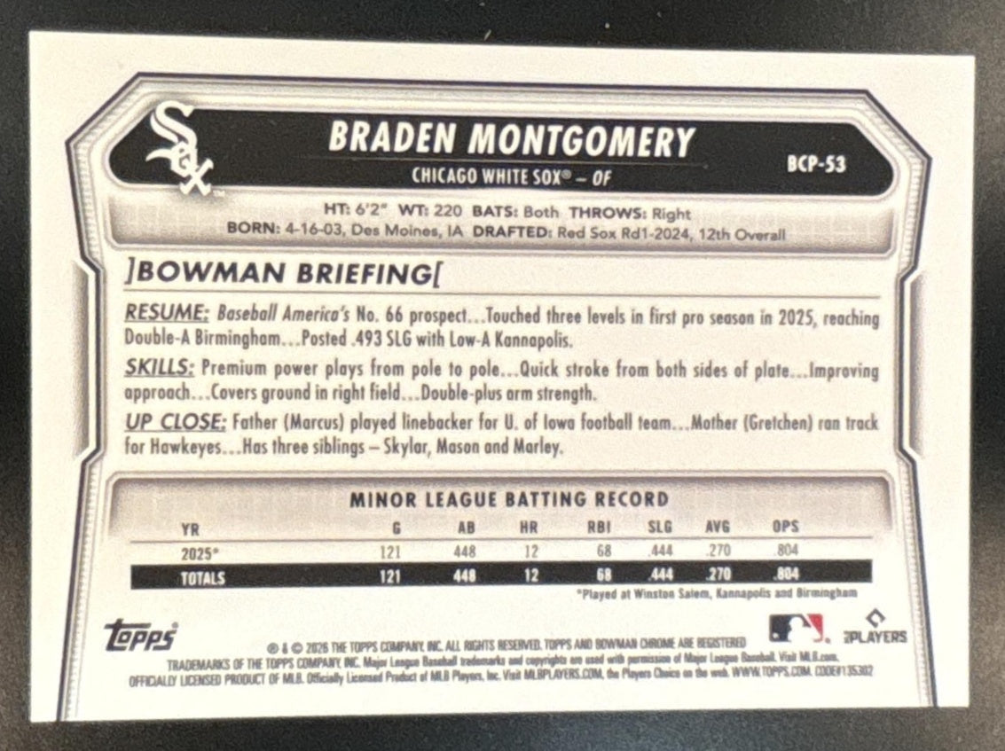 2026 Bowman Braden Montgomery Chrome Prospects Orange /25 #BCP-53 White Sox - Sports Cards