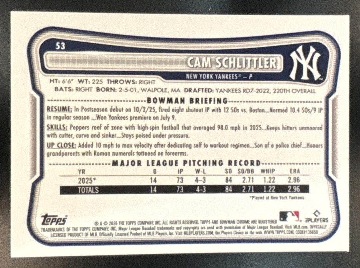 2026 Bowman Cam Schlittler Chrome Rookie Red RC Variation #53 New York Yankees - Sports Cards