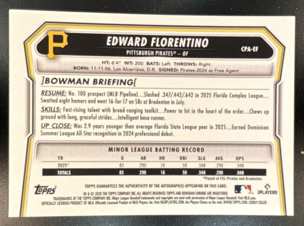 2026 Bowman Edward Florentino Chrome Auto 1st Prospect Pittsburgh Pirates - Sports Cards