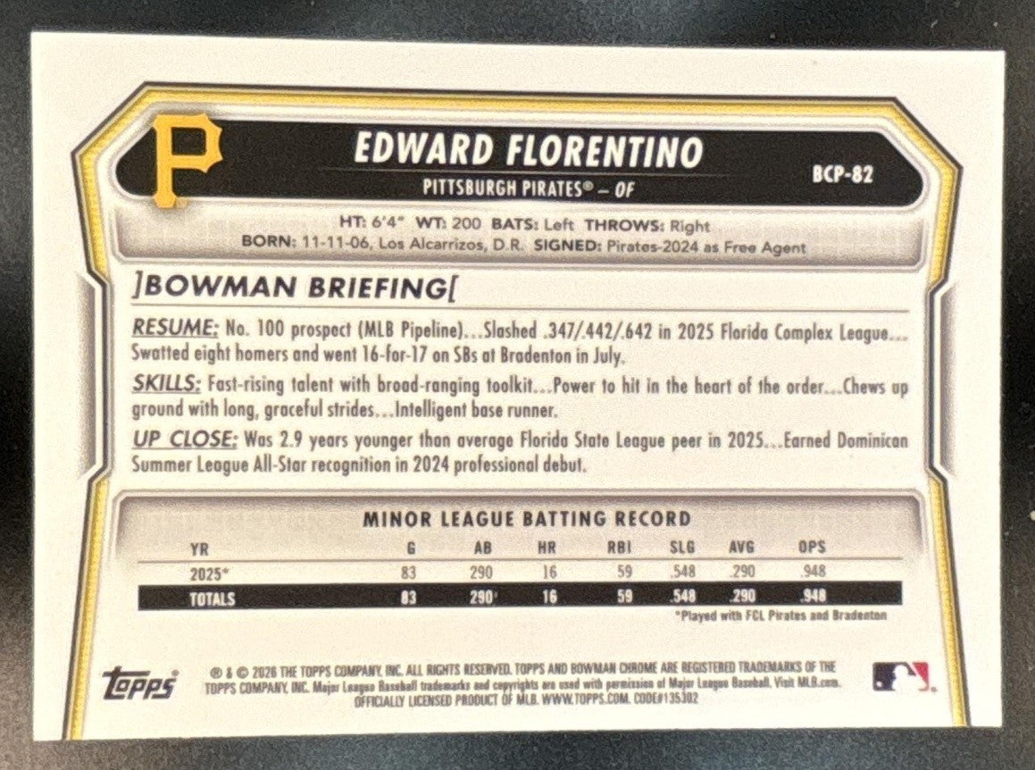2026 Bowman Edward Florentino Chrome Yellow X-Fractor /75 #BCP-82 1st Prospect - Sports Cards