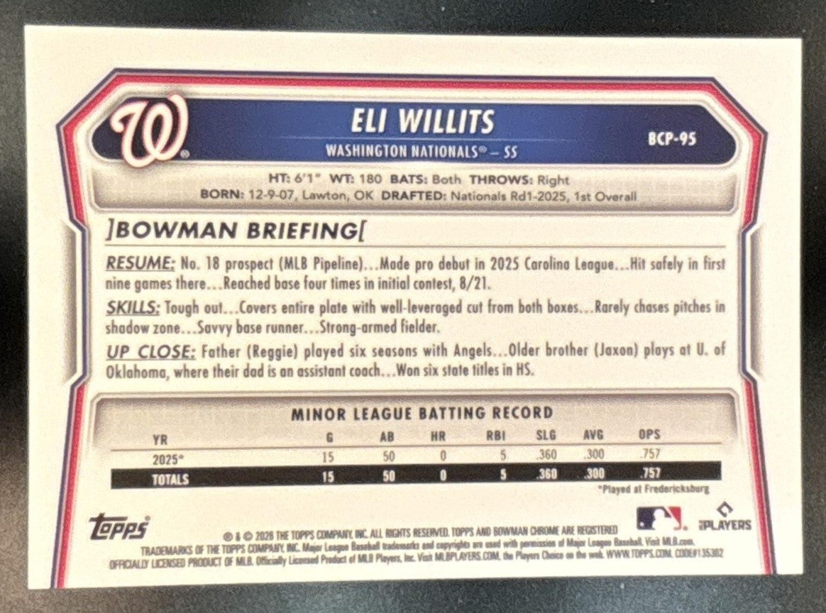 2026 Bowman Eli Willits Chrome Prospects Gold /50 #BCP-95 Washington Nationals - Sports Cards