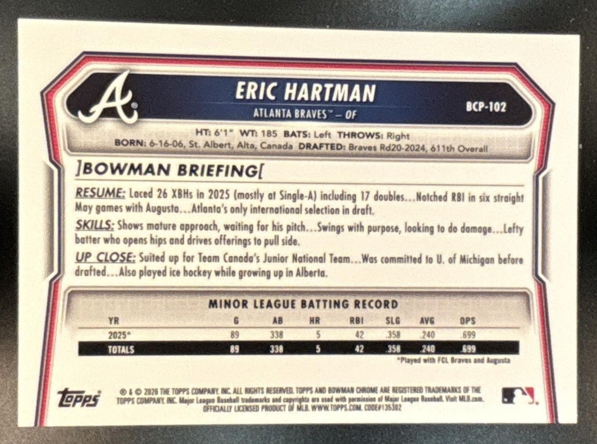 2026 Bowman Eric Hartman Chrome Reptilian Orange /25 #BCP102 1st Prospect Braves - Sports Cards
