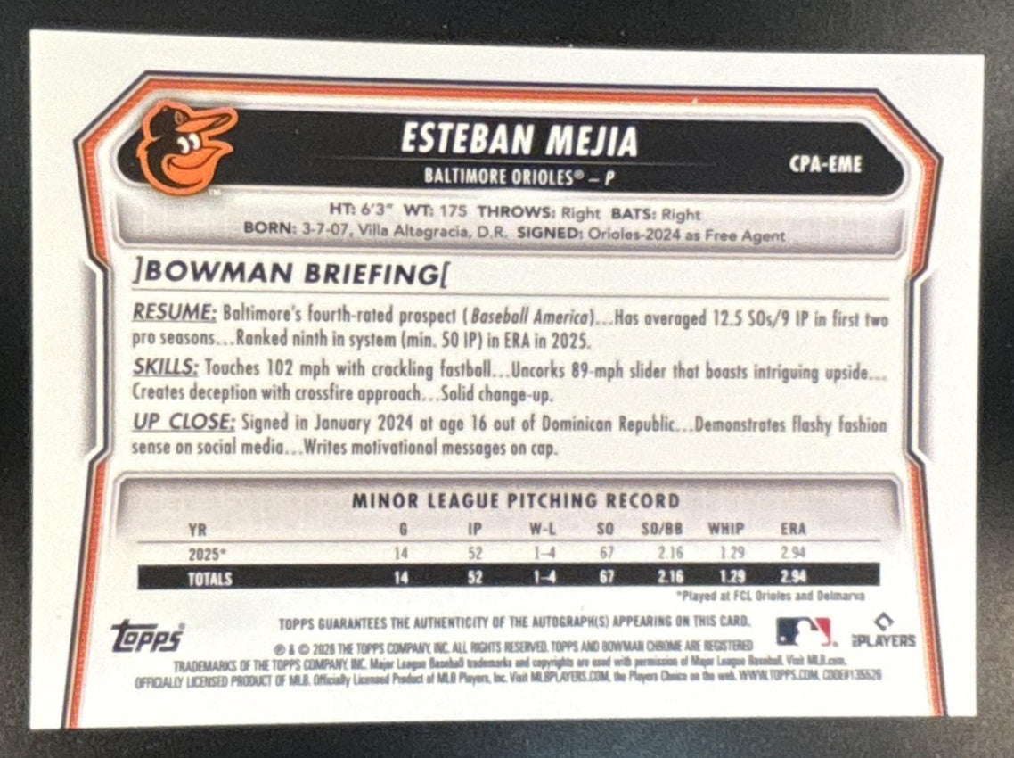 2026 Bowman Esteban Mejia Chrome Auto Green /99 #CPA-EME 1st Prospect Orioles - Sports Cards