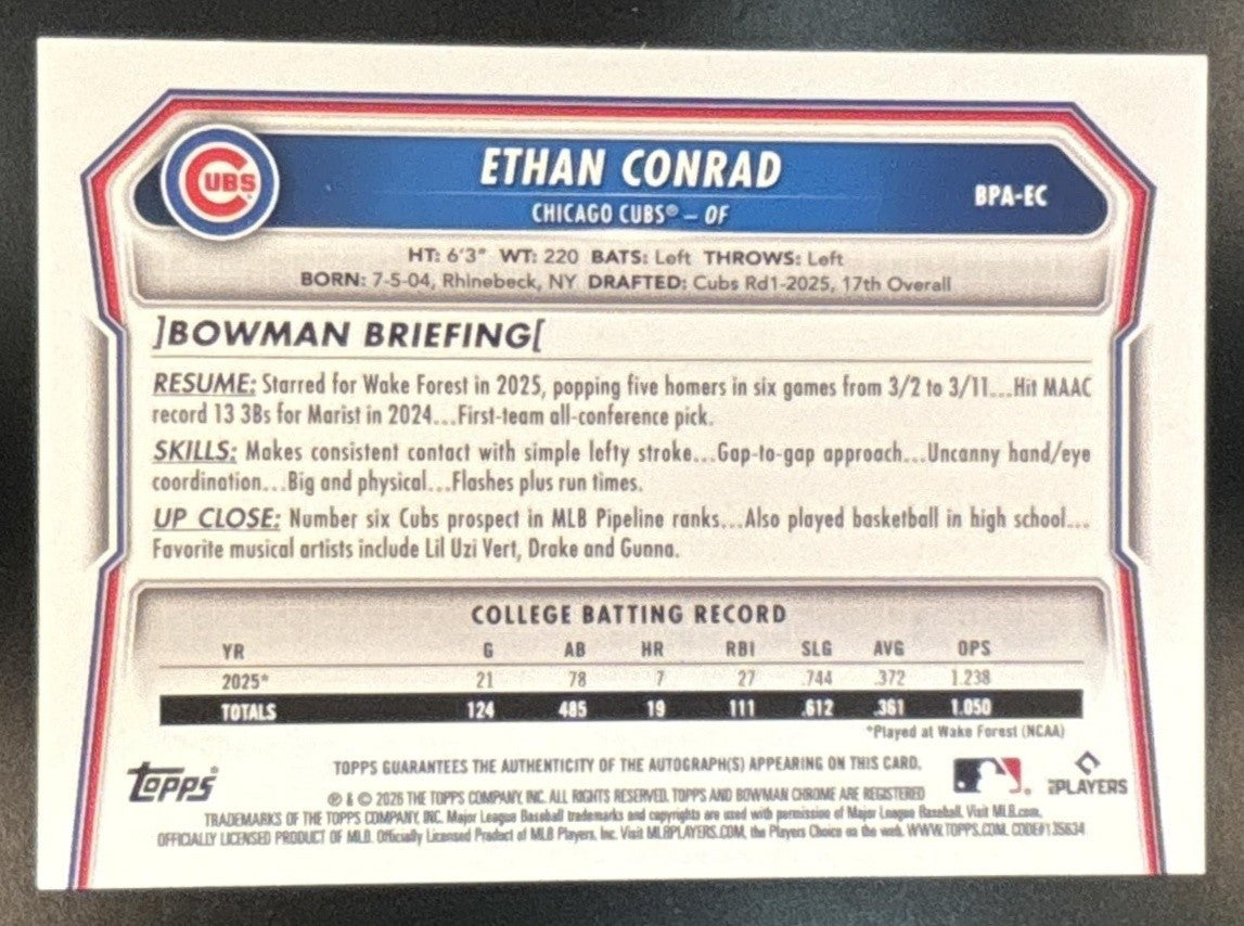 2026 Bowman Ethan Conrad Prospect Retail Auto Gold Border /50 Chicago Cubs - Sports Cards